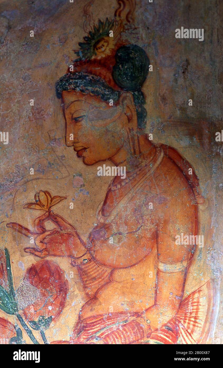 Sri Lanka: Sigiriyas 'Cloud Maidens' schmücken die Felswand hoch oben über der umliegenden Landschaft. Sigiriya (Löwenfelsen) ist eine alte Felsenfestung und Palastruine im zentralen Matale Bezirk von Sri Lanka, umgeben von den Resten eines ausgedehnten Netzes von Gärten, Stauseen und anderen Strukturen. Sigiriya wurde während der Herrschaft von König Kasyapa I. (CE 477 – 495) erbaut und nach seinem Tod als buddhistisches Kloster bis zum 14. Jahrhundert genutzt. Stockfoto