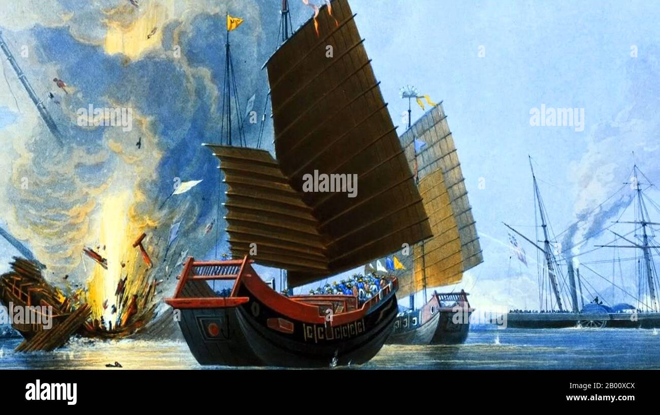 China/UK: Der erste Opiumkrieg - der Dampfer Nemesis zerstört chinesische Kriegsjunks im Canton River. Gestochen von Edward Duncan (1803-1882), 1843. Der erste anglo-chinesische Krieg (1839–42), der im Volksmund als erster Opiumkrieg bekannt ist, wurde zwischen dem Britischen Reich und der Qing-Dynastie von China geführt, um wirtschaftliche Vorteile aus dem Handel in China zu sichern (und Opium auf). Im Jahr 1842 gewährte der Vertrag von Nanking - der erste von dem, was die Chinesen die ungleichen Verträge nannten - eine Entschädigung für Großbritannien, die Eröffnung von fünf Vertragshäfen und die Abtretung der Insel Hongkong. Stockfoto