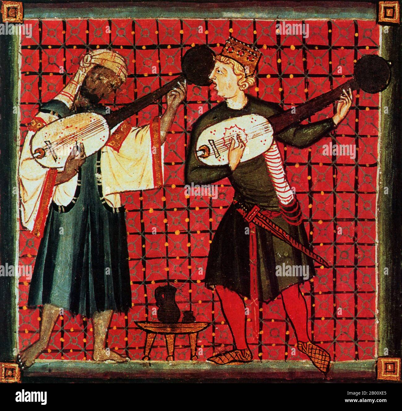 Spanien/Maghreb: 'Ein Araber (links) und ein Christ spielen zusammen das Oud'. Aus dem 13. Jahrhundert ‘Buch der Chants’ während der Herrschaft von Alfonso X. (1221-1284). Das Oud ist ein birnenförmiges Saiteninstrument, das häufig in der Musik des Nahen Ostens verwendet wird. Die moderne Oud und die europäische Laute stammen beide von einem gemeinsamen Vorfahren über unterschiedliche evolutionäre Wege ab. Das Oud ist leicht durch seinen Mangel an Bünde und kleineren Hals zu unterscheiden. Stockfoto
