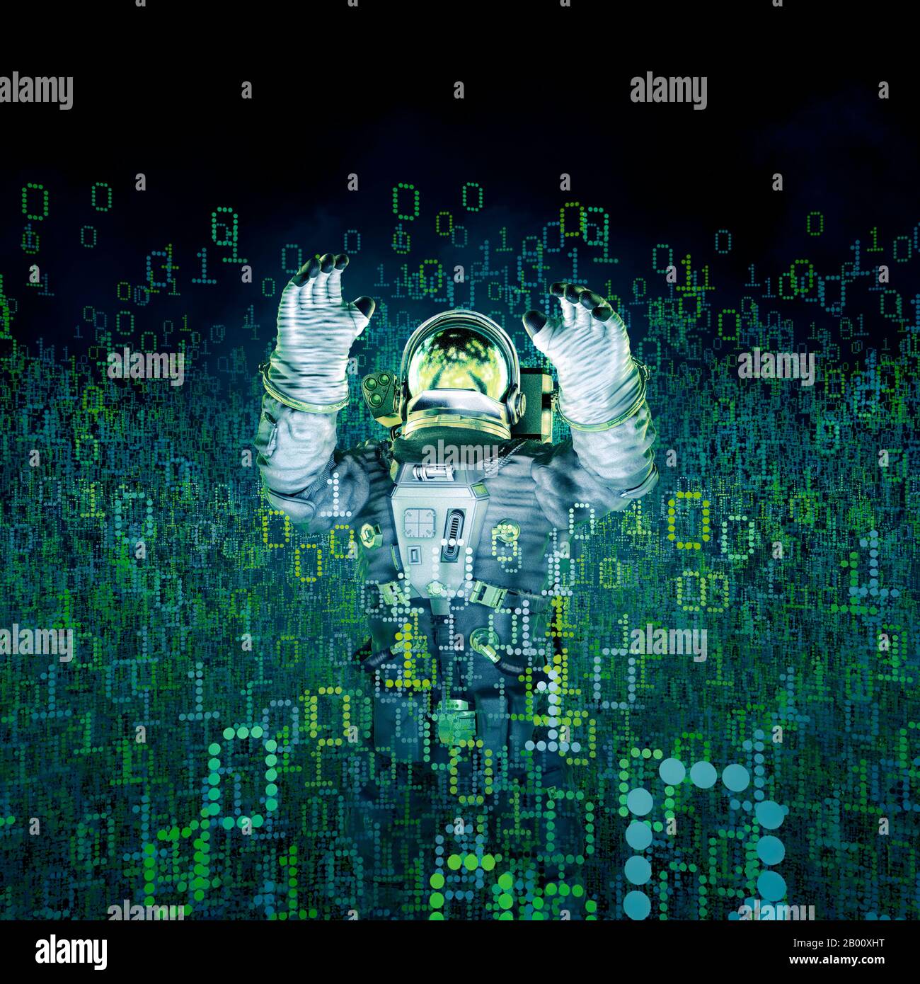 Erkunden der Datenwolke/3D-Darstellung von Astronauten, umgeben von leuchtenden Binärdaten Stockfoto