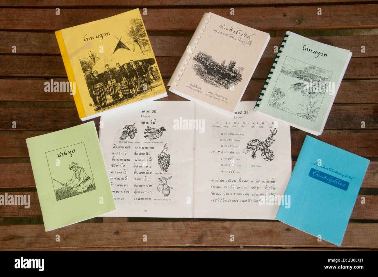 Thailand: Eine Auswahl an Büchern in der Sprache des Tai Dam, Ban Na Pa Nat Tai Dam Kulturdorf, Provinz Loei. Der Tai Dam oder Black Tai sind eine ethnische Gruppe, die in Teilen von Laos, Vietnam, China und Thailand zu finden ist. Tai Dam Lautsprecher in China werden als Teil der Dai Nationalität zusammen mit fast allen anderen Tai Völker eingestuft. Aber in Vietnam bekommen sie ihre eigene Nationalität (mit dem Weißen Tai), wo sie als Thái-Nationalität (was Tai-Leute bedeutet) eingestuft werden. Der Tai Dam stammt aus der Nähe von Dien Bien Phu in Vietnam. Stockfoto