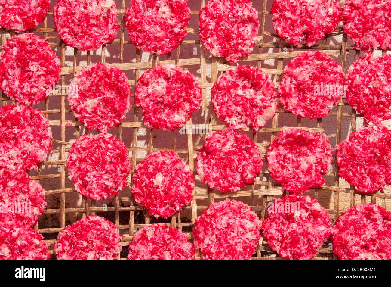 Thailand: Reiskuchen trocken in der Sonne, Ban Na Pa Nat Tai Dam Kulturdorf, Provinz Loei. Der Tai Dam oder Black Tai sind eine ethnische Gruppe, die in Teilen von Laos, Vietnam, China und Thailand zu finden ist. Tai Dam Lautsprecher in China werden als Teil der Dai Nationalität zusammen mit fast allen anderen Tai Völker eingestuft. Aber in Vietnam bekommen sie ihre eigene Nationalität (mit dem Weißen Tai), wo sie als Thái-Nationalität (was Tai-Leute bedeutet) eingestuft werden. Der Tai Dam stammt aus der Nähe von Dien Bien Phu in Vietnam. Stockfoto