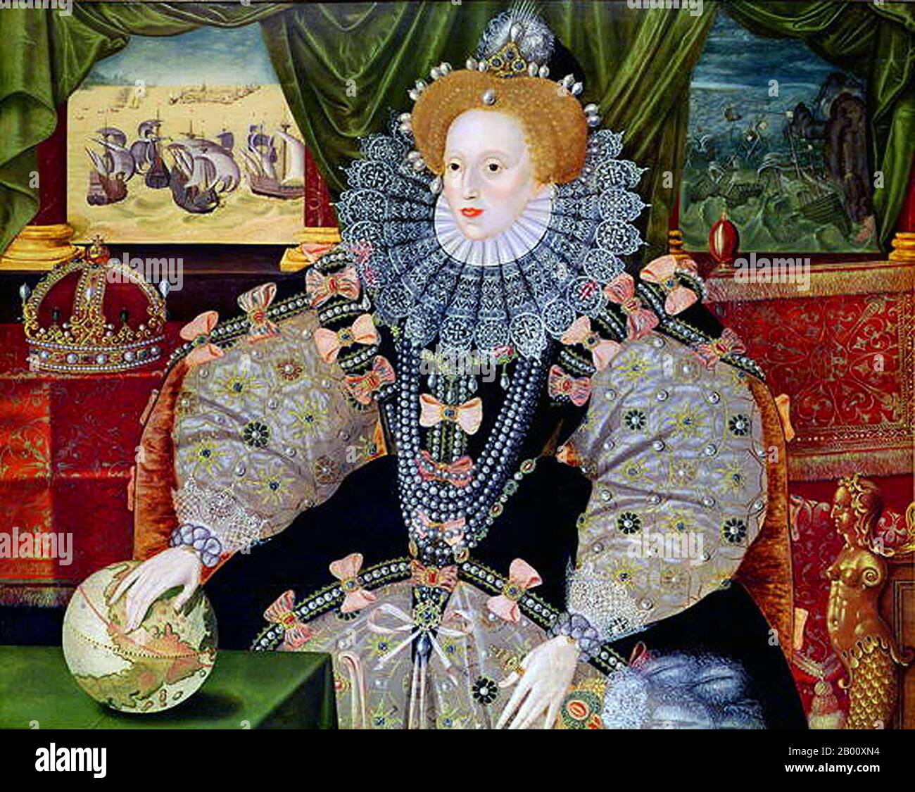England: 'Porträt von Elisabeth I. von England, das Armada-Porträt'. Öl auf Tafelmalerei früher zugeschrieben George Gower (1540-1596), c. 1588. Elisabeth I. (7. September 1533 – 24. März 1603) war Königin Regnant von England und Königin Regnant von Irland vom 17. November 1558 bis zu ihrem Tod. Manchmal auch die Jungfrau Königin, Gloriana oder gute Königin Bess genannt, war Elisabeth der fünfte und letzte Monarch der Tudor-Dynastie. Elizabeth I.'s Außenpolitik in Bezug auf Asien, Afrika und Lateinamerika zeigte ein neues Verständnis für die Rolle Englands als maritime, protestantische Macht weltweit. Stockfoto