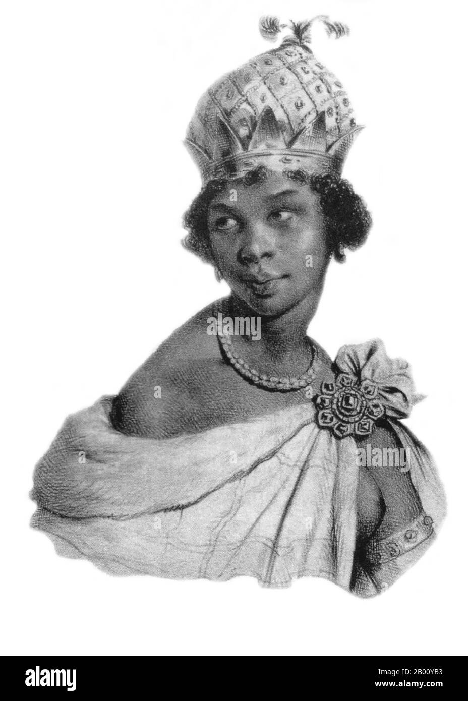 Angola: Nzinga Mbande (c. 1583 – 17. Dezember 1663), Königin der Ndongo- und Matamba-Königreiche des Mbundu-Volkes im Südwesten Afrikas. Lithographie von Francois Le Villain (fl. 1800-1830s), c. 1800. Königin Njinga regierte in Matamba von 1631 bis zu ihrem Tod im Jahr 1663. Während dieser Zeit integrierte sie das Land in ihre Domänen und Tausende ihrer ehemaligen Untertanen, die vor portugiesischen Angriffen mit ihr geflohen waren, siedelten sich dort an. Sie führte mehrere Kriege gegen Kasanje, insbesondere in den Jahren 1634-1635. 1639 erhielt sie eine portugiesische Friedensmission, die keinen Vertrag erreichte, aber die Beziehungen wieder aufnahm. Stockfoto