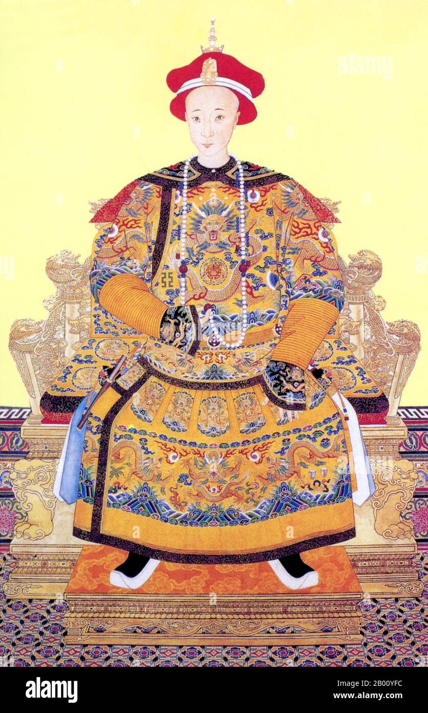 Der Tongzhi-Kaiser (27. April 1856 - 12. Januar 1875), geborene Zaichun, war der neunte Kaiser der von Mandschu geführten Qing-Dynastie und der achte Qing-Kaiser, der von 1861 bis 1875 über China Proper regieren konnte. Seine Regierungszeit, die sich effektiv durch seine Jugend hinzog, war weitgehend von der Herrschaft seiner Mutter, der Empress Dowager Cixi, überschattet. Obwohl er wenig Einfluss auf die Gerichtsangelegenheiten hatte, gab die Zeit seiner Herrschaft Anlass zu dem, was Historiker die "Tongzhi-Restauration" nennen, einem erfolglosen Versuch, China zu stabilisieren und zu modernisieren. Stockfoto
