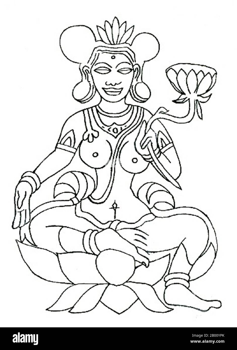 Malediven: Ein maledivisches Bild von Tara aus der vorislamischen (vor der Mitte des 12th. Jahrhunderts) hinduistisch-buddhistischen Ära. Zeichnung einer Radierung aus dem 9th. Jahrhundert von Xavier Romero-FRIAS (CC BY 3,0 License). Die buddhistische Gottheit Tara saß auf einer Lotusknospe. Tusche auf Papier Zeichnung einer 30 cm hohen Radierung auf Korallenstein aus dem 9th. Jahrhundert im Museum in Male aufbewahrt. Es repräsentiert die Grüne Tara, eine weibliche Vajrayana-Gottheit, die erleuchtete Aktivität und Furchtlosigkeit repräsentiert. Stockfoto