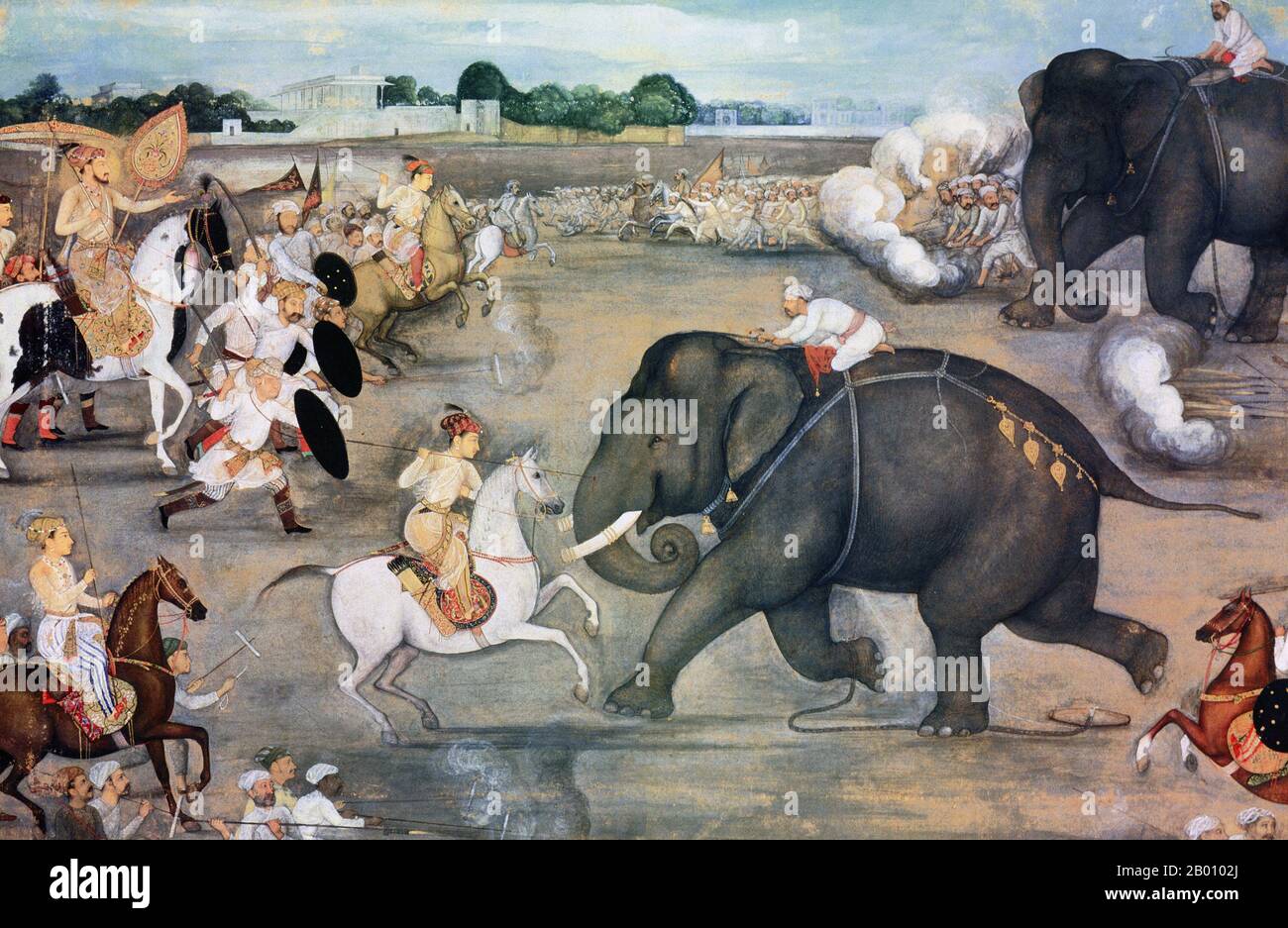 Indien: Der Hof von Shah Jahan liebte Elefantenkämpfe. In diesem Gemälde, ein Elefant namens Sudhakar Gesichter unten die Kräfte des Prinzen Aurangzeb, 1636. Während der Regierungszeit von Shah Jahan (1626-58) als Kaiser, folgte ein Erbfolgekrieg auf den Mughal Thron. Der jüngste Sohn des Kaisers und der Gouverneur von Deccan, Abu Muzaffar Muhiuddin Aurangzeb, gehörten zu den Protagonisten und war der ultimative Sieger in diesem Krieg nach der Absetzung seines Vaters. Stockfoto