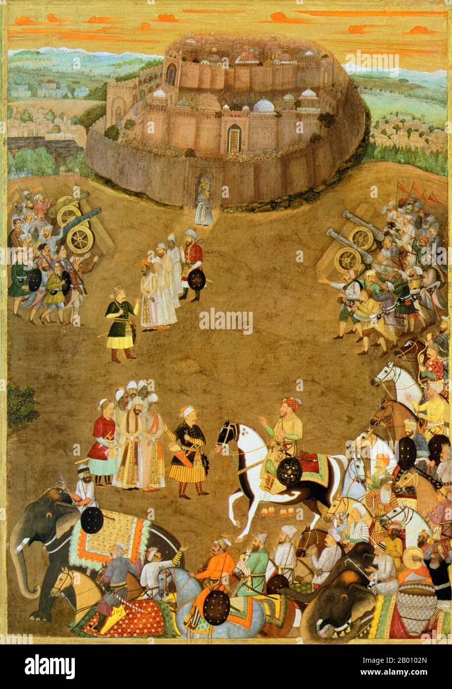 Indien: Die Übergabe der Festung von Udgir an Mughal Kräfte von Shah Jahan im Oktober 1636. Gemälde von Dhola (fl. 17th Jahrhundert), 1636. Shahab-ud-din Muhammad Khurram Shah Jahan I. (1592–1666), oder Shah Jahan, aus der persischen Bedeutung ‘König der Welt’, war der fünfte Mogulherrscher in Indien und ein Favorit seines legendären Großvaters Akbar der große. Er ist vor allem dafür bekannt, die ‘Padshahnamah’ als Chronik seiner Herrschaft in Auftrag zu geben, und für den Bau des Taj Mahal in Agra als Grab für seine Frau Mumtaz Mahal. Stockfoto