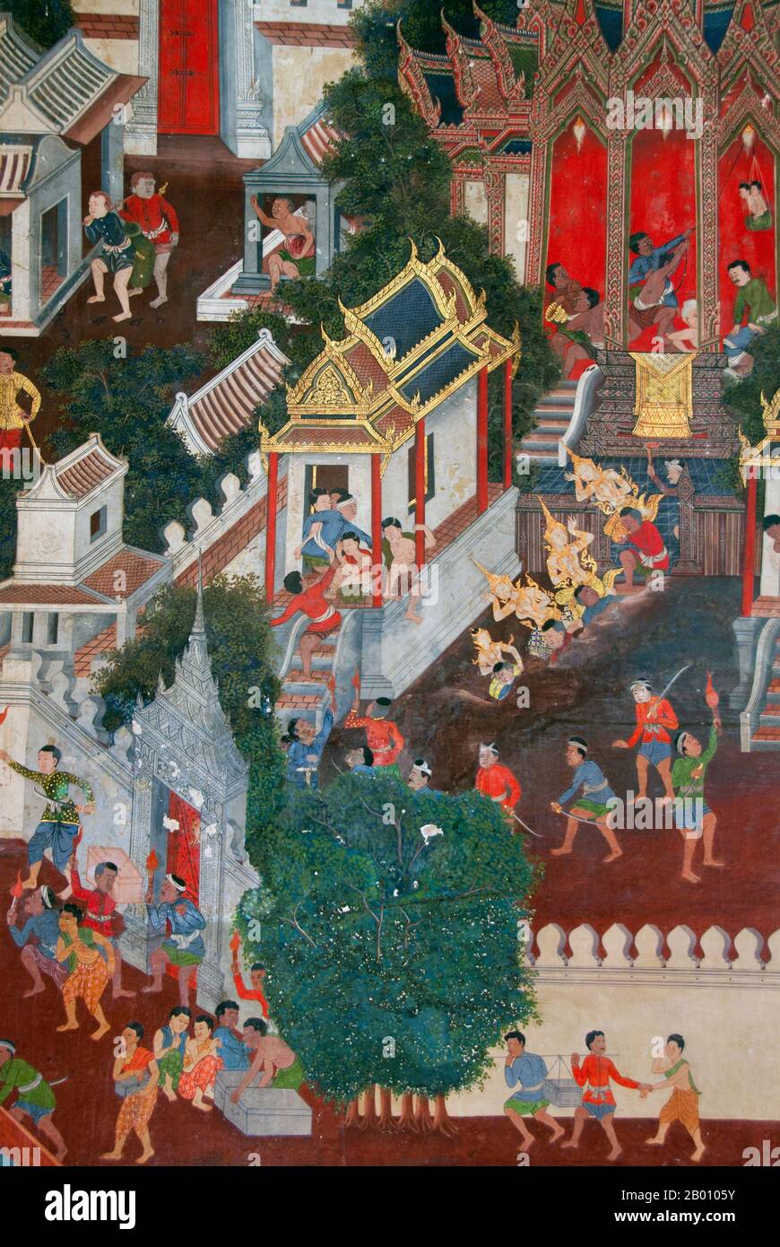 Thailand: Wandbild, Wat Saket und der Goldene Berg, Bangkok. Wat Saket Ratcha Wora Maha Wihan (gewöhnlich Wat Saket) stammt aus der Ayutthaya-Ära, als er Wat Sakae genannt wurde. König Rama I (1736 - 1809) oder Buddha Yodfa Chulaloke hat den Tempel renoviert und ihn in Wat Saket umbenannt. Der Goldene Berg (Phu Khao Thong) ist ein steiler Hügel innerhalb des Wat Saket-Geländes. Es handelt sich nicht um einen natürlichen Aufschluss, sondern um einen künstlichen Hügel, der unter der Herrschaft von Rama III (1787 - 1851) oder König Jessadabodindra errichtet wurde. Stockfoto