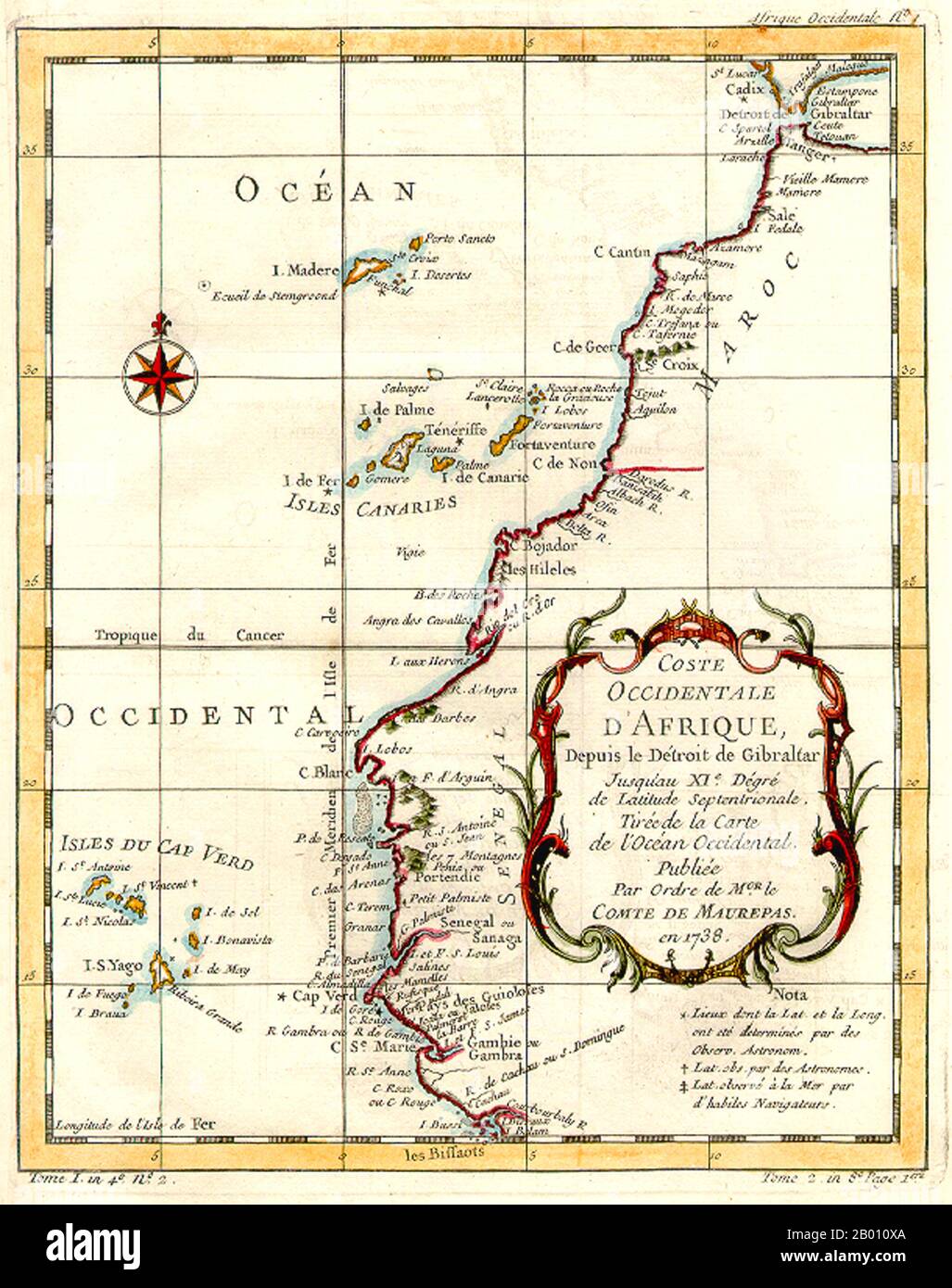 Afrika: Die Küste Westafrikas nach Jacques Bellin (1703-1772), 1738. Coste Occidentale d'Afrique. Publiee par ordre du Comte de Maurepas en 1738. Nach einem Werk von Jacques Bellin (1703-1772) Stockfoto