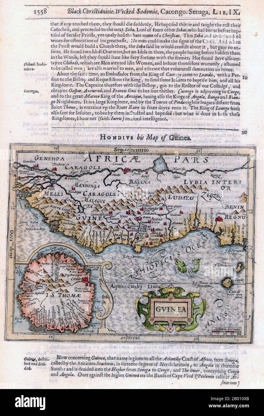 Afrika: Karte von Guinea und Umgebung von Jodocus Hondius (1563-1612), 1625. 'Benin Regnu', das Königreich Benin, ist im Südosten angegeben. Ganzseitige Version mit dem Titel: 'Black Christianitie, Wicked Sodomie'. Stockfoto