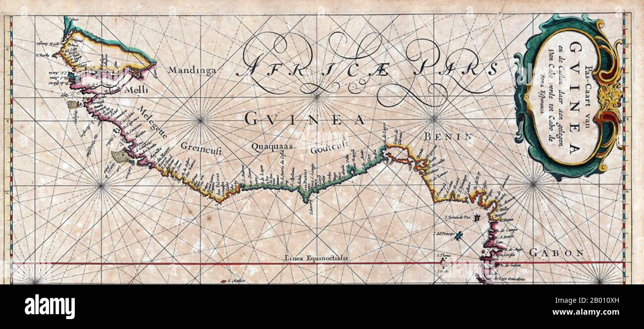 Afrika: Karte der Westküste Afrikas von Pieter Goos (1616-1675), Amsterdam, 1666. Detail vom Senegal bis Gabun, einschließlich des Benin-Königreichs. Stockfoto