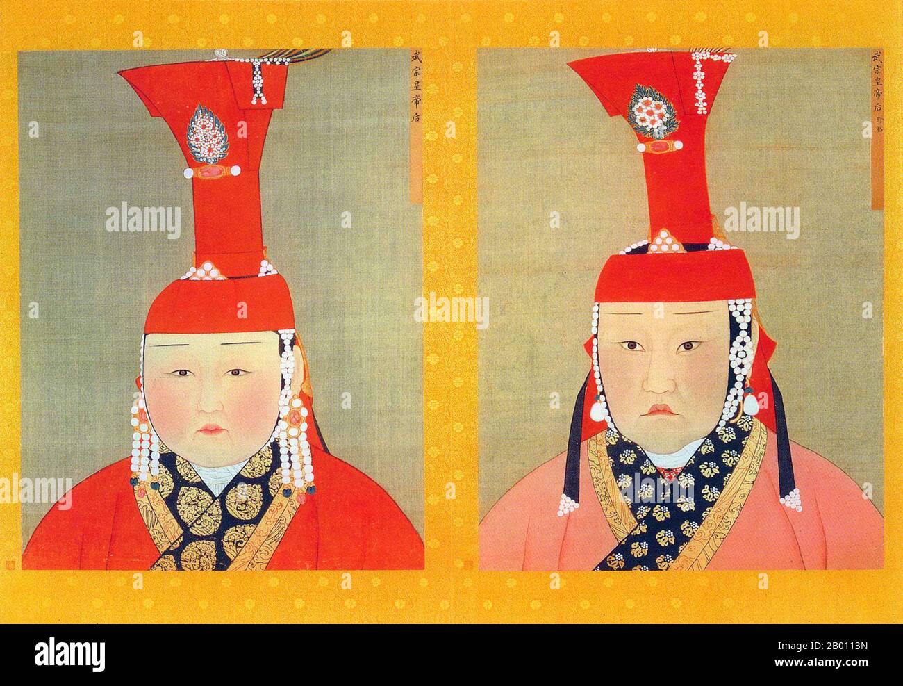 Mongolei/China: Zhenge (rechts) und eine andere, namenlose Ehefrau (links) von Kulug Khan (r. 1307-1311), 7. Khagan des mongolischen Reiches; 3. Yuan Kaiser Wuzong. Malen und Tusche auf Seiden-Albumporträts, 14. Jahrhundert. Khatun (Persisch; Türkisch: Hatun) ist ein weiblicher Adelstitel und entspricht dem männlichen 'khan', der im ersten türkischen Reich und im darauffolgenden mongolischen Reich prominent verwendet wurde. Es entspricht Königin oder Kaiserin. Stockfoto