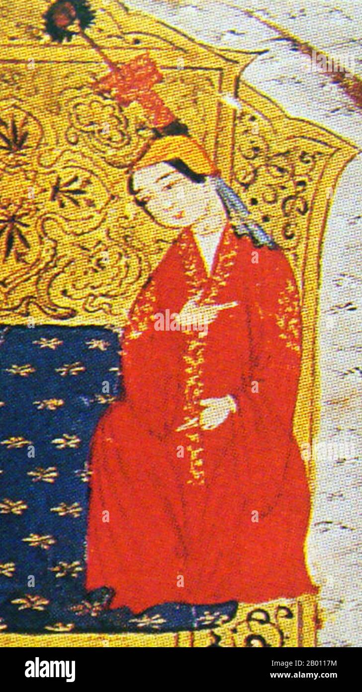 Mongolei: Sorghaghtani Beki (c. 1198-1252), Ehefrau von Tolui Khan (1192-1232). Gemälde von Rashid al-DIN Hamadani (1237-1318), 14. Jahrhundert. Sorghaghtani Beki oder Bekhi, auch geschrieben Sorkaktani, Sorkhokhtani, Sorkhogtani, Siyurkuktiti (c. 1198-1252), eine Kereyid-Prinzessin des nestorianischen christlichen Glaubens und Schwiegertochter von Temujin (später bekannt als Dschingis Khan), war eine der mächtigsten und kompetentesten Frauen im mongolischen Reich. Verheiratet mit Tolui, Genghis' jüngstem Sohn, zog sie ihre Söhne zu Führern auf. Sie mag zu den einflussreichsten Frauen der Weltgeschichte zählen. Stockfoto
