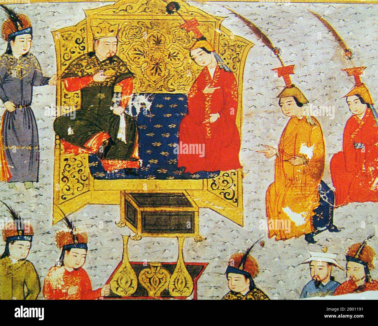 Mongolei: Tolui Khan (1192-1232) mit seiner Frau Sorghaghtani (c. 1198-1252). Illustration von Rashid al-DIN Hamadani (1237-1318), Jami al-Tawarikh, Anfang des 14. Jahrhunderts. Tolui, auch gemacht Toluy, Tului oder Tolui Khan (1192–1232) war der jüngste Sohn von Dschingis Khan von Borte. Sein ulus, das territoriale Erbe, beim Tod seines Vaters im Jahr 1227 war die Heimat in der Mongolei, und er war es, der als ziviler Verwalter diente, als es dauerte, Ogodei als zweiter Khagan des mongolischen Reiches (1206–1368) zu bestätigen. Zuvor hatte er mit Auszeichnung in den Kampagnen gegen die Jin-Dynastie gedient. Stockfoto