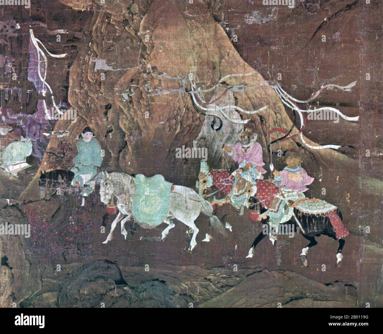 China: Ein Nebenpferd für Kaiser Xuanzong (r. 846-859). Song-Dynastie-Gemälde, 12. Jahrhundert. Die Tea Horse Road (Cha Ma Dao) war ein Netzwerk von Maultierkarawanenwegen, die sich durch die Berge von Yunnan, Sichuan und Tibet im Südwesten Chinas schlängelten. Es wird auch manchmal als die Southern Silk Road und Ancient Tea and Horse Road bezeichnet. Seit etwa tausend Jahren war die Ancient Tea Route eine Handelsverbindung von Yunnan, einer der ersten Teeanbauregionen, nach Indien über Burma, nach Tibet und über die Provinz Sichuan nach Zentralchina. Neben Tee trugen die Maultierkarawanen Salz. Stockfoto