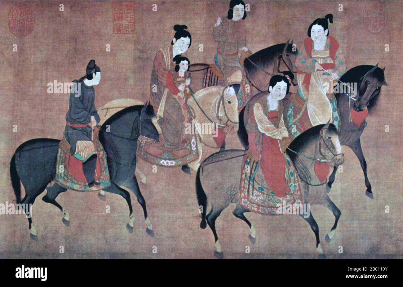 China: Lady Kuo Kuo reitet mit ihren Schwestern. Handscroll-Gemälde der Song-Dynastie aus dem 12. Jahrhundert von Li Gonglin (1049-1106), eine spätere Version eines früheren Gemäldes aus dem 8. Jahrhundert des Künstlers aus der Tang-Dynastie, Zhang Xuan (713-755). Stockfoto