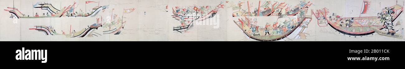 Japan: Mongolen und Japaner verwickelt in den Seekrieg. Gemälde aus der illustrierten Handrolle 'Moko Shurai Ekotoba' ('Illustated Account of the Mongolian Invasion'), diese Kopie von Fukuda Taika (fl. 19. Jahrhundert), 1846. Die mongolischen Invasionen von Japan von 1274 und 1281 waren große militärische Invasionen, die von Kublai Khan unternommen wurden, um die japanischen Inseln nach der Unterwerfung Koreas zu erobern. Trotz ihres endgültigen Scheiterns sind die Invasionsversuche von historischer Bedeutung, da sie der mongolischen Expansion eine Grenze setzen und als nationale Ereignisse in der japanischen Geschichte gelten. Stockfoto