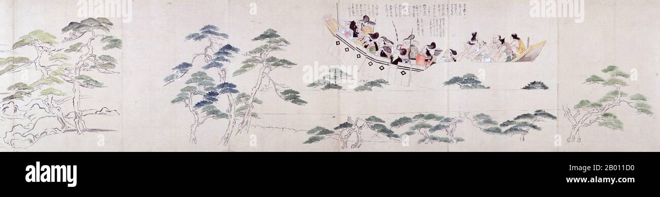 Japan: Mongolen und Japaner verwickelt in den Seekrieg. Gemälde aus der illustrierten Handrolle 'Moko Shurai Ekotoba' ('Illustated Account of the Mongolian Invasion'), diese Kopie von Fukuda Taika (fl. 19. Jahrhundert), 1846. Die mongolischen Invasionen von Japan von 1274 und 1281 waren große militärische Invasionen, die von Kublai Khan unternommen wurden, um die japanischen Inseln nach der Unterwerfung Koreas zu erobern. Trotz ihres endgültigen Scheiterns sind die Invasionsversuche von historischer Bedeutung, da sie der mongolischen Expansion eine Grenze setzen und als nationale Ereignisse in der japanischen Geschichte gelten. Stockfoto