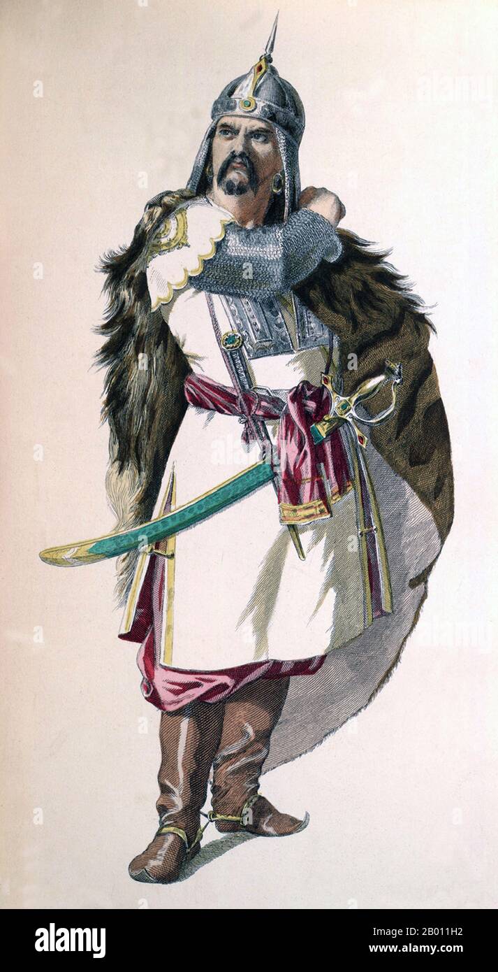 Mongolei: Französische Darstellung von Dschingis Khan (r.126-1227), 1. Khagan des mongolischen Reiches. Dschingis Khan (1162–1227), Borjigin Temujin geboren, war der Gründer, Khan (Herrscher) und Khagan (Kaiser) des mongolischen Reiches, das nach seinem Tod zum größten zusammenhängenden Reich der Geschichte wurde. Er kam an die Macht, indem er viele der nomadischen Stämme Nordostasiens vereinte. Nach der Gründung des mongolischen Reiches und der Proklamation "Dschingis Khan" begann er die mongolischen Invasionen, die letztlich zur Eroberung des größten Teil Eurasiens führen würden. Stockfoto