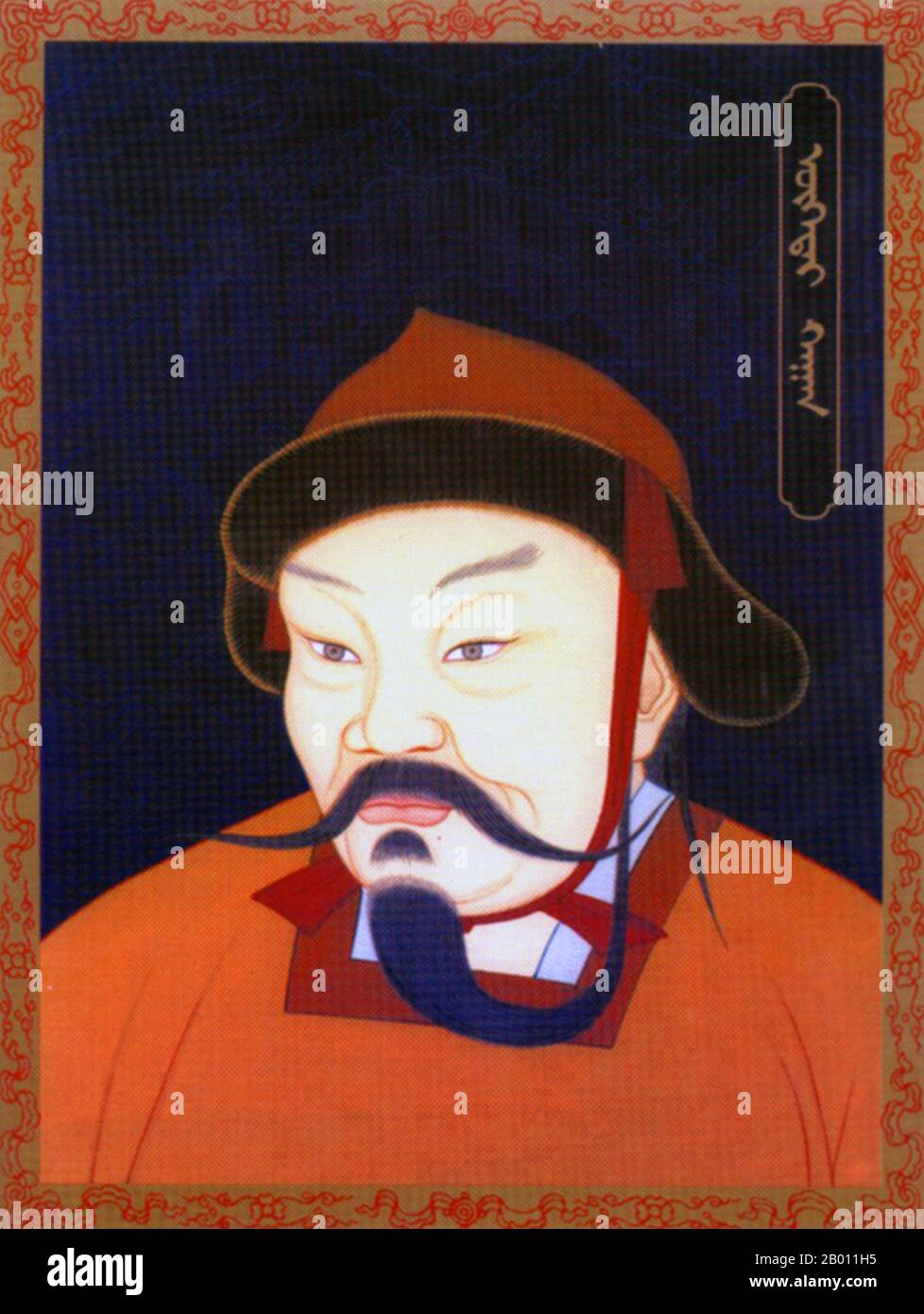 Mongolei: Ogedei Khan (r.1229-1241), 2. Khagan des mongolischen Reiches, 20. Jahrhundert. Ogedei Khan (c. 1186 – 11. Dezember 1241) war der dritte Sohn Dschingis Khans und der zweite große Khan (Khagan) des mongolischen Reiches, indem er seinen Vater übernahm. Er setzte die Expansion des Reiches fort, das sein Vater begonnen hatte, und war eine Weltfigur, als das mongolische Reich während der Invasionen in Europa und Asien seine äußerste Ausdehnung nach Westen und Süden erreichte. Wie alle primären Söhne Genghis nahm er ausgiebig an Eroberungen in China, Iran und Zentralasien Teil. Stockfoto