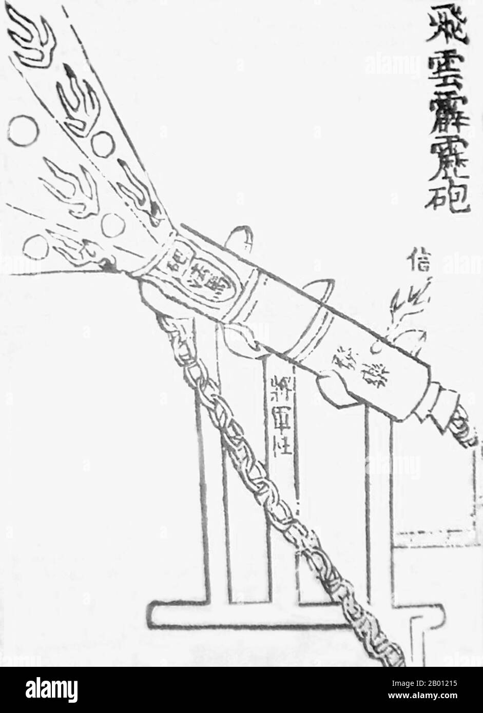 China: Eine chinesische Kanone aus dem 14. Jahrhundert, der 'fliegende Gewitterklatsch-Eruptor'. Illustration von Jiao Yu (14. Jahrhundert) und Liu Ji (1311-1375), 14. Jahrhundert. Eine Illustration aus dem 14. Jahrhundert einer chinesischen Kanone oder eines Eruptors, die Proto-Muscheln als gusseiserne Bomben abfeuerte. Diese Illustration wurde in der Militärtraktatise des Huolongjing aus dem 14. Jahrhundert vorgestellt, die von Liu Ji und Jiao Yu herausgegeben und zusammengestellt wurde, mit dem Vorwort, das 1412 hinzugefügt wurde. Diese spezielle Kanone wurde als „Gewitterklatsch-Eruptor“ (Feiyun pilipao) bezeichnet. Stockfoto