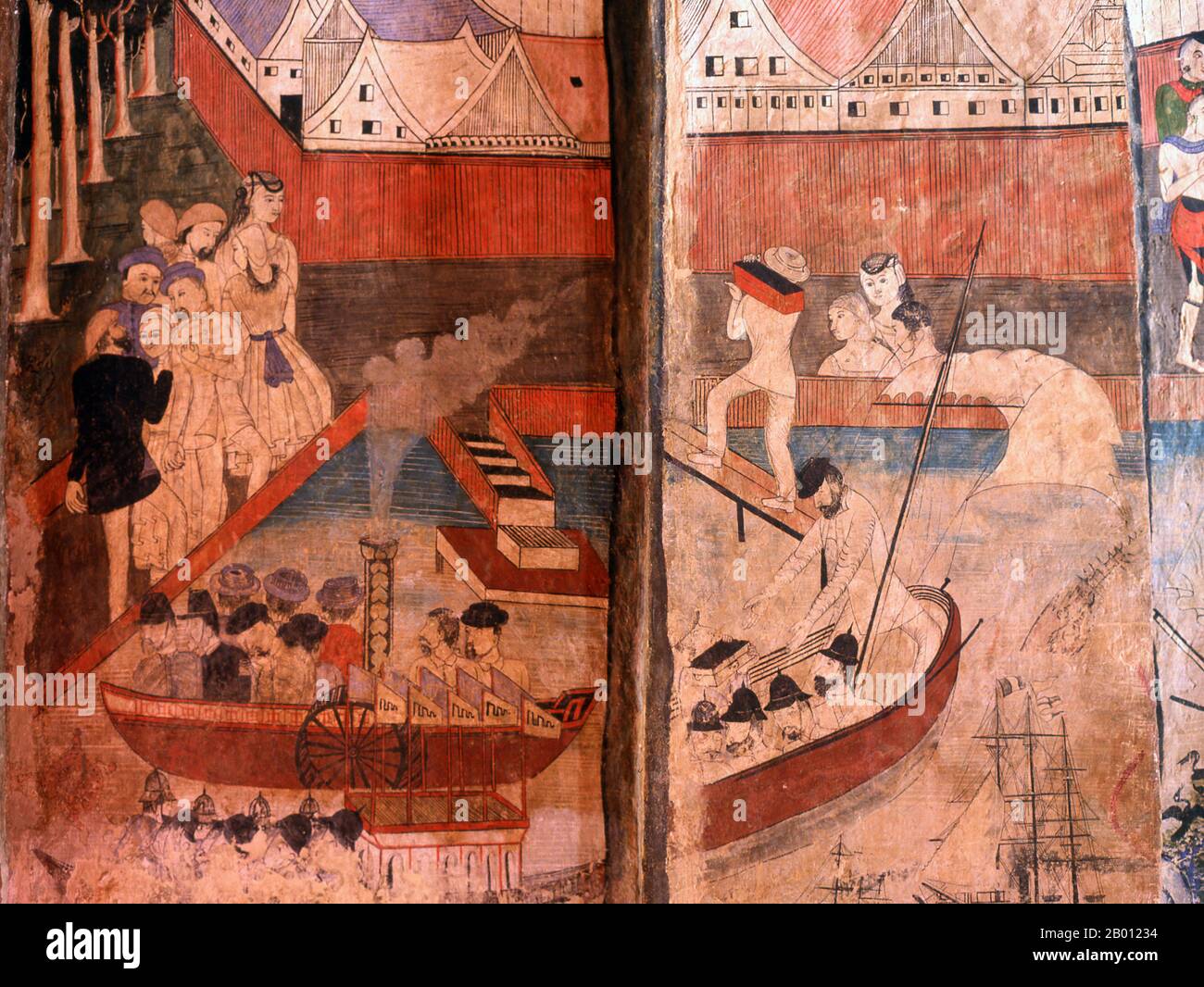 Thailand: Die frühe Ankunft von Europäern, die von einem Dampfer aussteigen, Wandgemälde aus dem 19. Jahrhundert, Wat Phumin, Nan, Nord-Thailand Wat Phumin wurde 1596 erbaut und ist berühmt für seine kreuzförmige Ubosoth und gut erhaltenen Tai Lue Wandmalereien, die den Alltag im 19. Jahrhundert darstellen. Nan stammt aus der Mitte des 14. Jahrhunderts und war für einen Großteil seiner Geschichte ein isoliertes Königreich. Die heutige Stadt breitet sich entlang des rechten Ufers des Nan River aus. Stockfoto