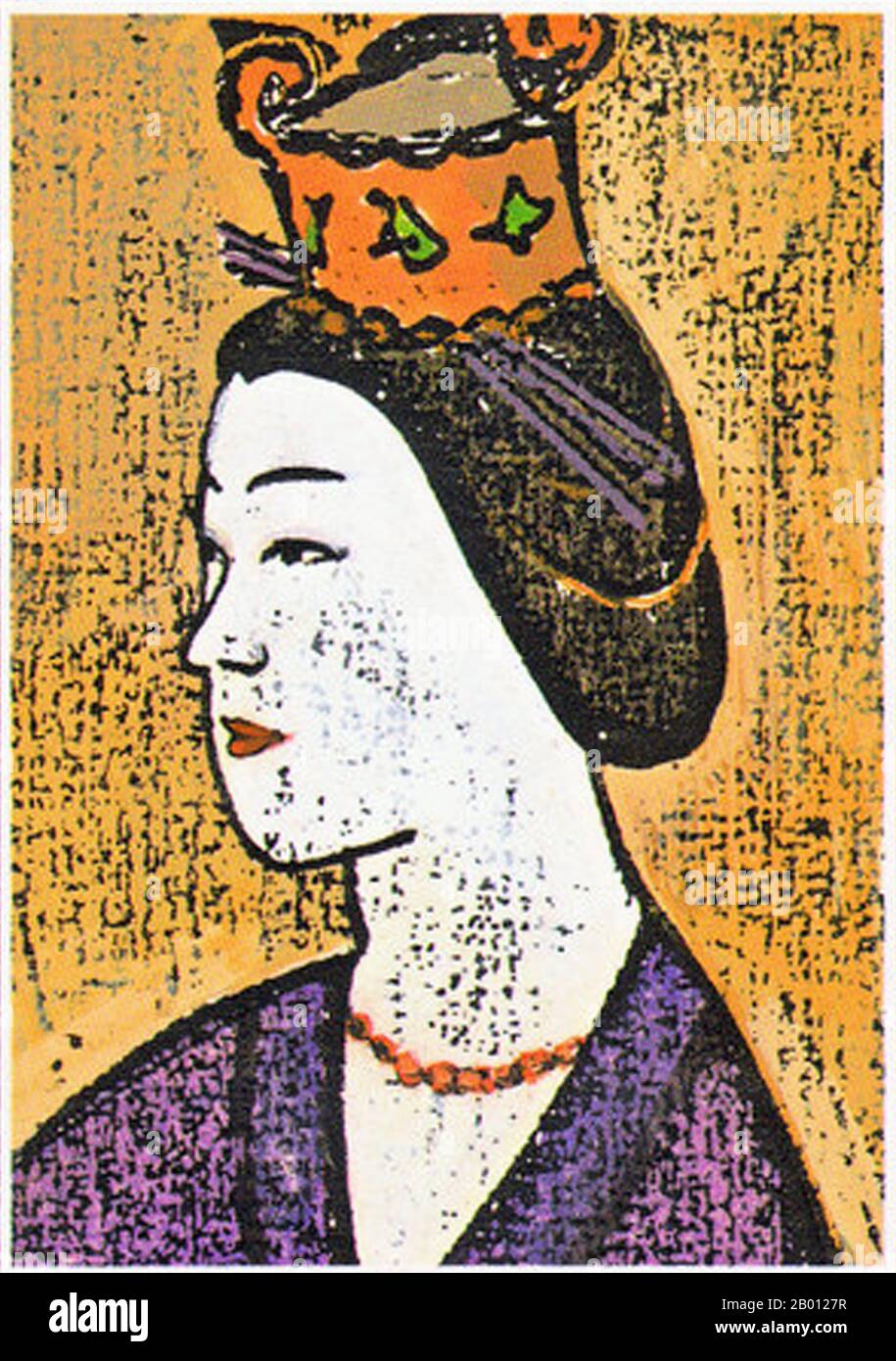 Japan: Kaiserin Suiko (554–628), 33. Kaiserliche Herrscherin Japans. Kaiserin Suiko (554–628), persönlicher Name Mikekashiya-hime-no-mikoto und auch als Prinzessin Nukatabe und Toyomike Kashikiya bekannt, war die 33. Kaiserliche Herrscherin Japans. Sie war Gemahlin ihres Halbbruders, Kaiser Bidatsu. Sie stieg nach der Tötung ihres anderen Halbbruders, Kaiser Sushun, an die Macht. In der Geschichte Japans war Suiko die erste von nur acht Frauen, die die Rolle der Kaiserin übernommen hatte und von 593 bis zu ihrem Tod im Jahr 628 regierte. Sie wird traditionell an einem Shinto-Schrein (misasagi) in Osaka verehrt. Stockfoto