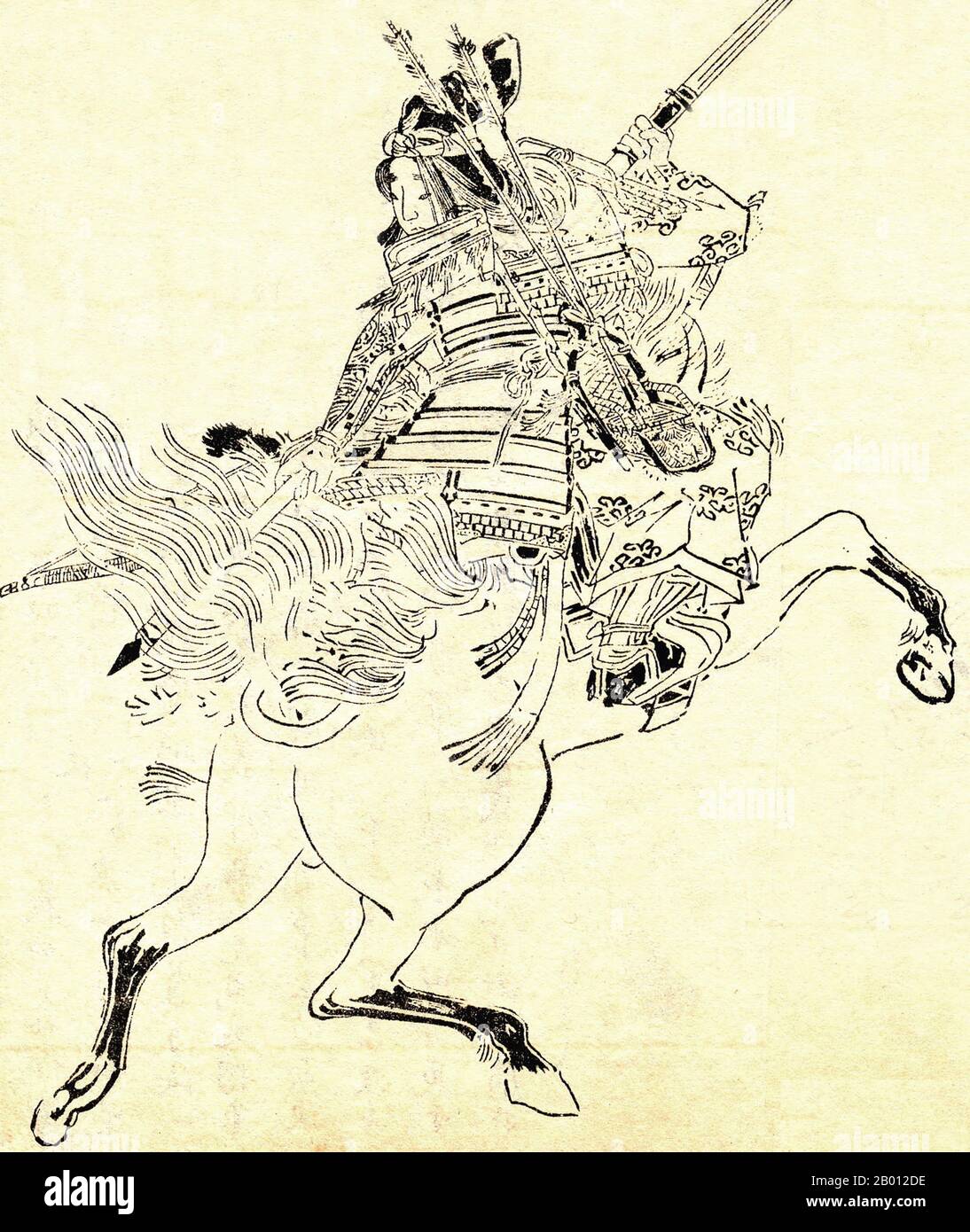Japan: Tomoe Gozen (1157-1247), eine weibliche Samurai oder onna-musha, die für ihre tadelige und starke Kraft bekannt ist. Zeichnung von Kikuchi Yosai (1781-1878), 19. Jahrhundert. Nach einem historischen Bericht: "Tomoe war besonders schön, mit weißer Haut, langen Haaren und charmanten Merkmalen. Sie war auch eine bemerkenswert starke Bogenschützin, und als Schwertkämpferin war sie ein Krieger im Wert von tausend, bereit, sich einem Dämon oder einem gott zu stellen, bestiegen oder zu Fuß. Sie behandelte ungebrochene Pferde mit hervorragenden Fähigkeiten; sie ritt unversehrt gefährliche Abfahrten hinunter. Wann immer ein Kampf bevorstand, schickte Yoshinaka sie als seinen ersten Kapitän hinaus...“ Stockfoto