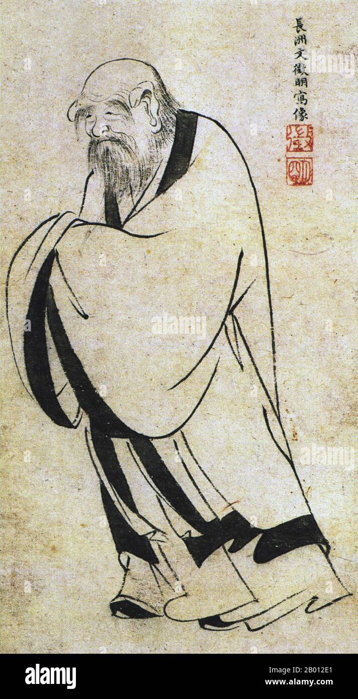 China: Laozi (Lao Tzu, c. 6. Jahrhundert v. Chr.) war ein mystischer Philosoph des alten China, am besten bekannt als der Autor des Daodejing (Tao Te Ching). Hängende Schriftrolle von Wen Zhengming (1470-1559), Anfang des 16. Jahrhunderts. Laozi (Lao Tzu, c. 6. Jahrhundert v. Chr.) war ein mystischer Philosoph des alten China. Seine Verbindung mit dem Daodejing (Tao Te Ching) hat ihn dazu geführt, dass er traditionell als Begründer des Taoismus (auch als „Daoismus“ bezeichnet) gilt. Er wird auch in den meisten religiösen Formen der taoistischen Religion als Gottheit verehrt, was Laozi oft als Taishang Laojun oder 'einer der drei Reinen' bezeichnet. Stockfoto