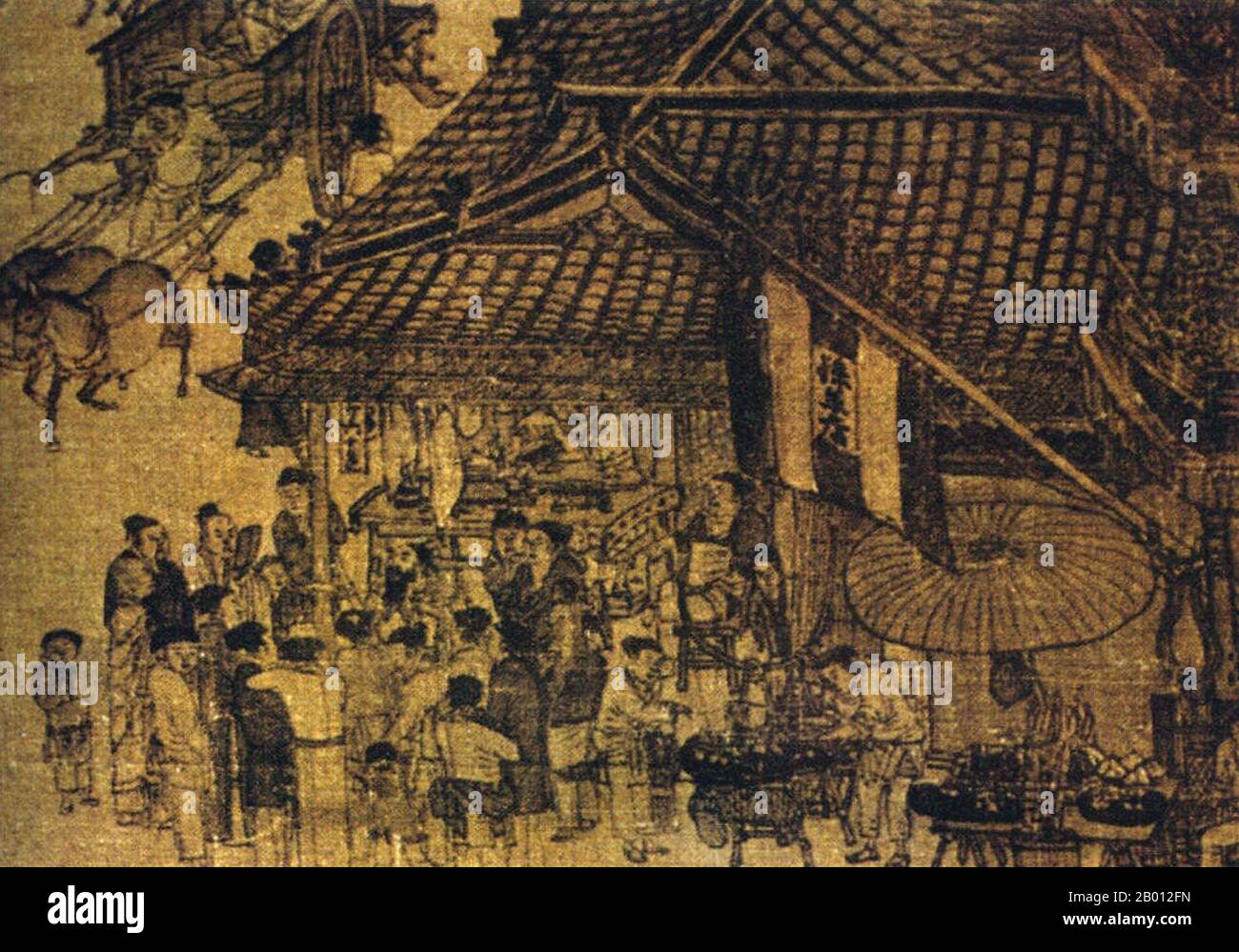 China: „entlang des Flusses während des Qingming-Festes“. Detail eines Seidenbildes von Zhang Zeduan (1085-1145), 12. Jahrhundert. Zhang Zeduan (1085-1145), Höflichkeitsname Zheng Dao, war ein Maler der Song-Dynastie und lebte während der Übergangsperiode vom nördlichen Song zum südlichen Song. Er war eine bedeutende Persönlichkeit in der frühen Geschichte der chinesischen Kunst, die maßgeblich an der Entwicklung des Landschaftskunststils shan Shui beteiligt war. Seine Bilder verhalfen ihm, viel über das Leben in China im 11. Und 12. Jahrhundert zu erzählen. Stockfoto