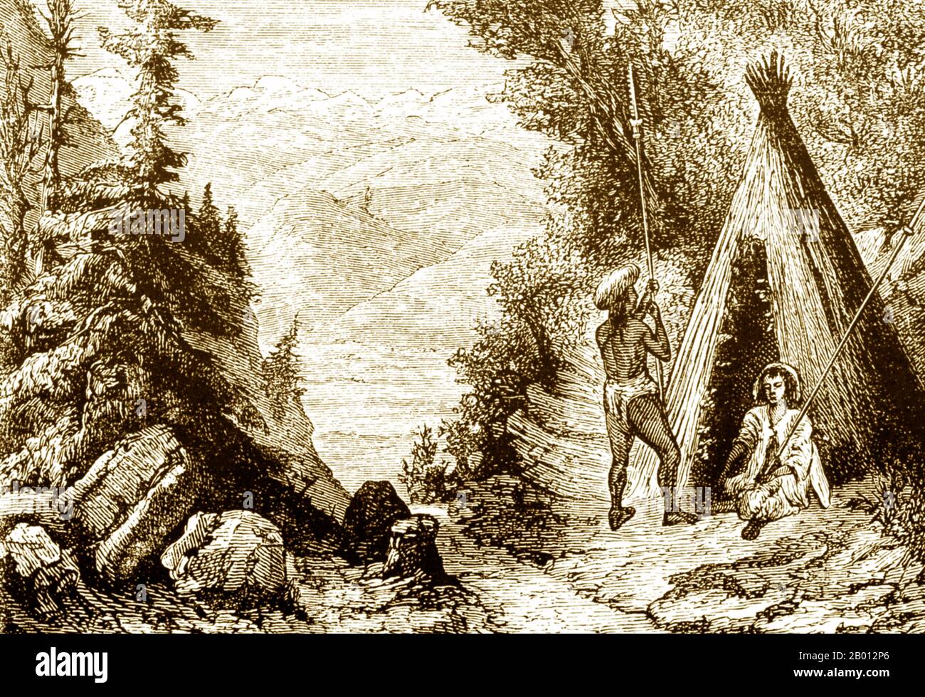 China: Ein ethnisches Zelt in der Nähe von Pin-tchouen in der Provinz Yunnan dient als Beobachtungsposten. Stich von Louis Delaporte (1842-1925), 1868. Diese Skizze von Louis Delaporte ist eine von Dutzenden, die er während seiner zweijährigen Unternehmung (1866-68) mit der Mekong Exploration Commission gezeichnet hat, die vom französischen Marineministerium gefördert wurde und die die Absicht hatte, die Grundlagen für die Expansion der französischen Kolonien in Indochina zu legen. Die kleine französische Delegation reiste mit dem Schiff auf dem Mekong von Saigon nach Phnom Penh nach Luang Prabang, dann weiter nördlich in die unerfordeten Gewässer von Upper Laos und Yunnan. Stockfoto