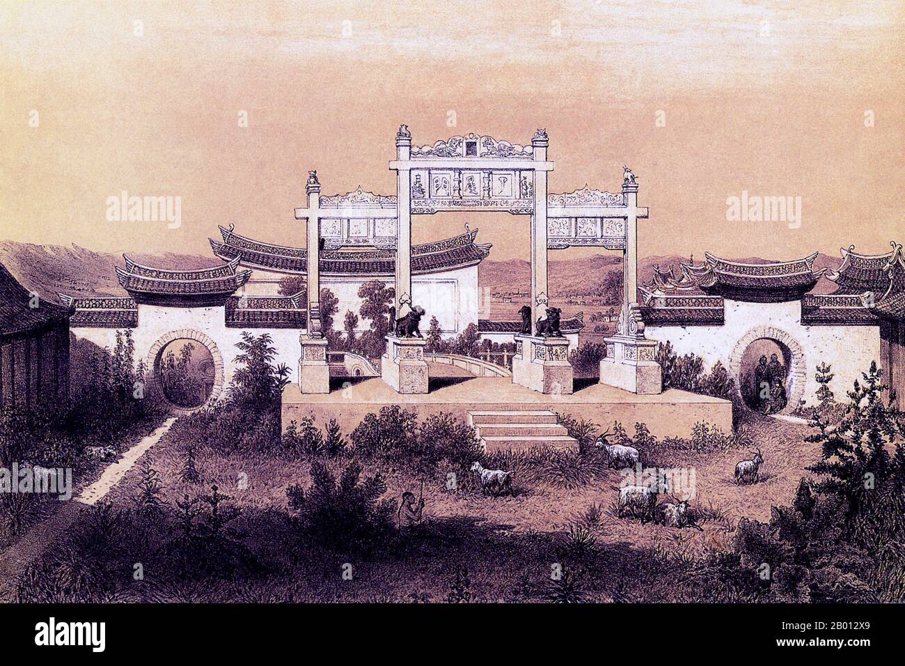 China: Der Portikus der Simao-Pagode. Stich von Louis Delaporte (1842-1925), 1867. Diese Illustration von Louis Delaporte ist eine von Dutzenden, die er während seiner zweijährigen Unternehmung (1866-68) mit der Mekong Exploration Commission produziert hat, die vom französischen Marineministerium gefördert wurde und die die Absicht hatte, die Grundlagen für die Expansion der französischen Kolonien in Indochina zu legen. Die kleine französische Delegation reiste mit dem Boot über den Mekong von Saigon nach Phnom Penh nach Luang Prabang, dann weiter nördlich in die unerfordeten Gewässer von Upper Laos und der chinesischen Provinz Yunnan, bevor sie nach Hanoi zurückkehrte. Stockfoto