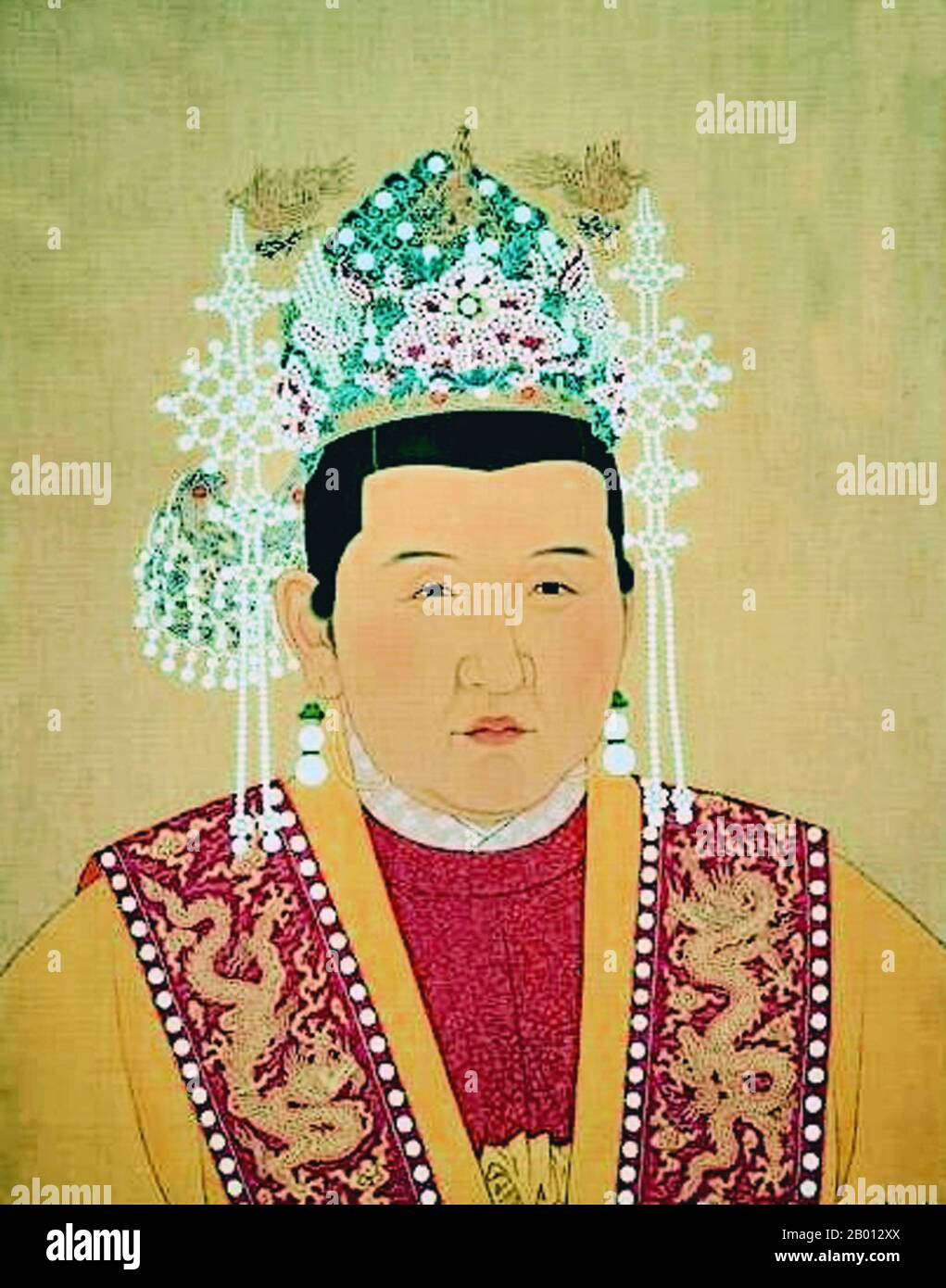 China: Kaiserin Xiao CI Gao (1332-1382), Gemahlin des 1. Ming-Imperators, c. 14.-17. Jahrhundert. Kaiserin Xiaocigao (1332-1382), auch bekannt als Kaiserin Ma, war die Gemahlin des 1. Ming-Imperators Hongwu (r. 1368-1398) und Mutter des 3. Ming-Imperators Yongle (r. 1402-1424). Aus ärmlichen Verhältnissen heiratete sie den zukünftigen Kaiser, als er nur noch Offizier der Roten Turban-Armee war und begleitete ihn bei Feldzügen und bei der Verwaltung seiner Angelegenheiten. Als ihr Mann Kaiser wurde, fungierte Xiaocigao als Hongwus politischer Berater und Sekretär und hatte während seiner Regierungszeit einen großen Einfluss. Stockfoto