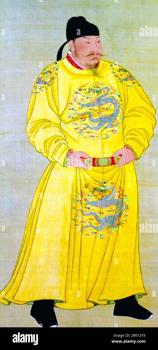 China: Kaiser Taizong, 2. Herrscher der Tang Dynastie (r. 626-649). Hängende Schriftrolle, 7.-10. Jahrhundert. Taizong von Tang (28. Januar 598 - 10. Juli 649), persönlicher Name Li Shimin, Tempelname Taizong und früher als Prinz von Qin bekannt, war der zweite Kaiser der Tang Dynastie. Traditionell als Mitbegründer neben seinem Vater Li Yuan angesehen, spielte er eine entscheidende Rolle beim Sturz der Sui-Dynastie und der Verfestigung des Herrschers seiner Dynastie über China. Taizong gilt als einer der größten Kaiser der chinesischen Geschichte, seine Herrschaft gilt als goldenes Zeitalter und Vorbild für zukünftige Kaiser. Stockfoto