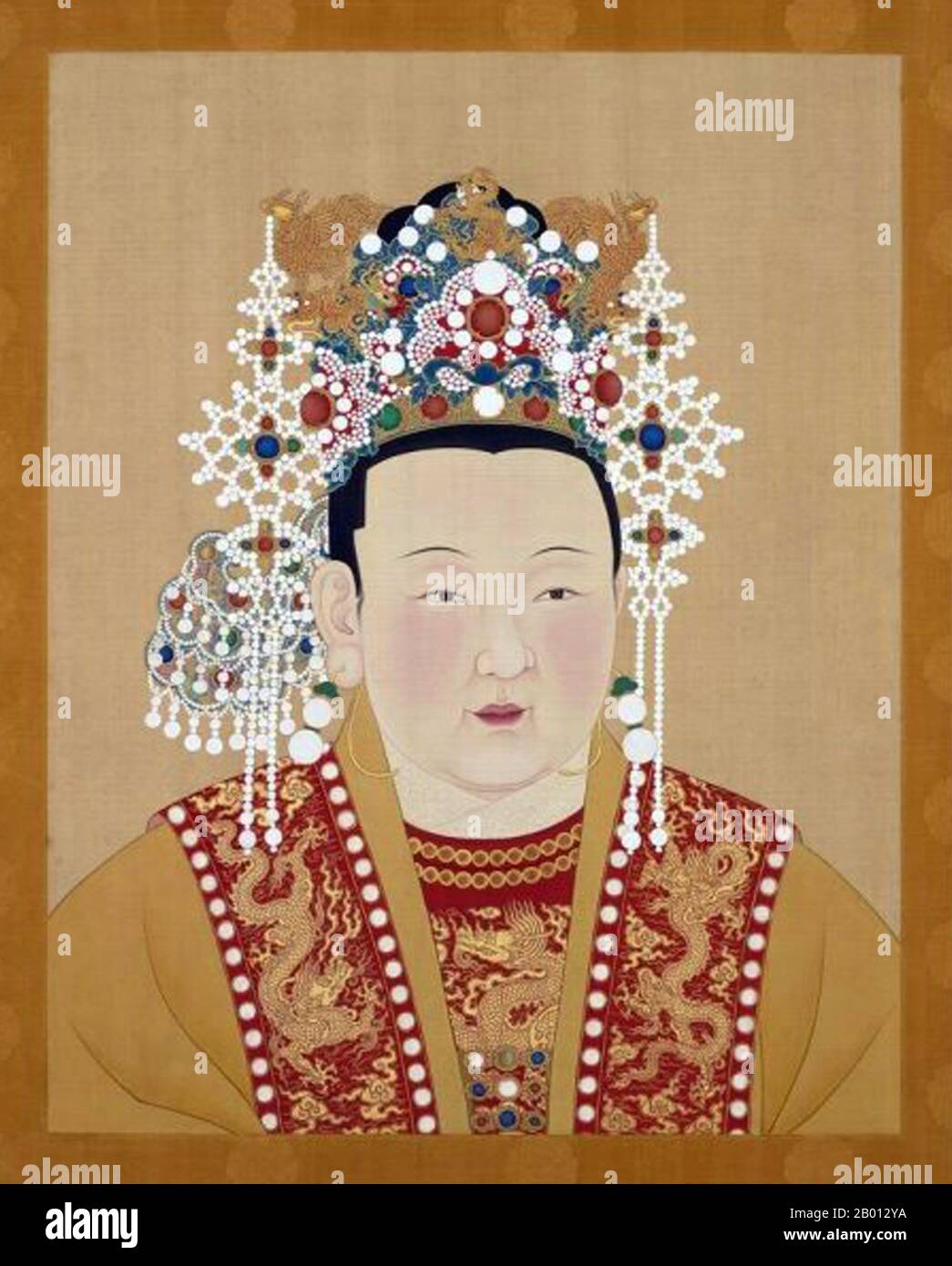 China: Kaiserin Ren Xiao Wen (1362-1407), Gemahlin des 3. Ming-Imperators Yongle (r. 1402-1424). Hängende Schriftrolle, 15.-17. Jahrhundert. Die Kaiserin Xu (1362. - 1407. Juli), formell Kaiserin Renxiaowen, Geburtsname Xu Yihua, war von 1402 bis 1407 die dritte Kaiserin der Ming-Dynastie. Ihr Mann war der Yongle-Kaiser. Sie war gut ausgebildet und kompilierte Bibliographien tugendhafter Frauen, eine Aktivität, die mit der Gerichtspolitik in Verbindung stand. Kaiserin Xu ist auch die erste Person, die ein buddhistisches Sutra aus einer Traumoffenbarung transkribiert hat. Stockfoto