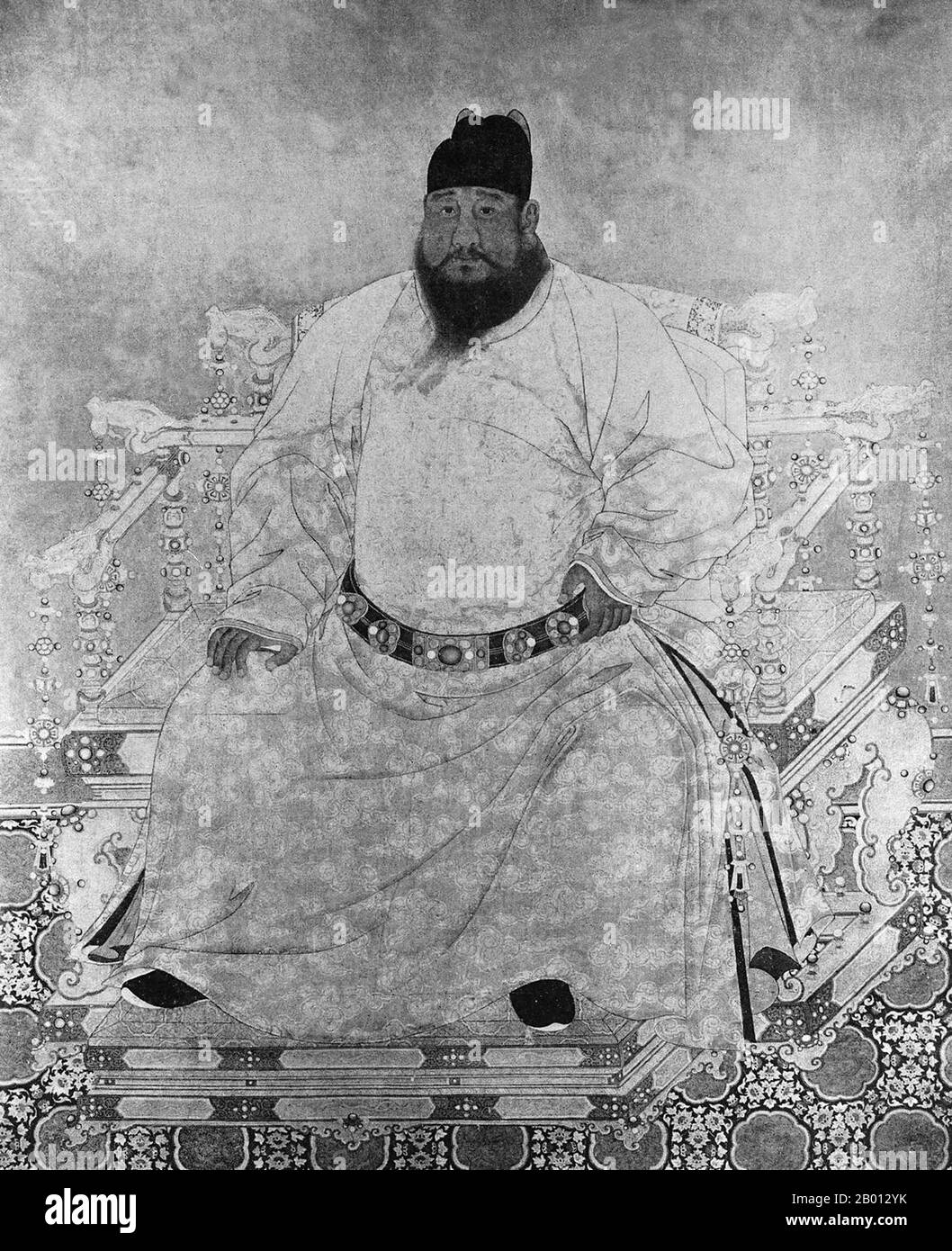 China: Kaiser Xuande, 5. Herrscher der Ming-Dynastie (r. 1425-1435). Hängende Schriftrolle, 15.-17. Jahrhundert. Der Kaiser Xuande (1399-1435), persönlicher Name Zhu Zhani und Tempelname Xuanzong, war der 5. Kaiser von Ming China. Sein Zeitname bedeutet "Verkündigung der Tugend". Der Kaiser von Xuande regierte über eine bemerkenswert friedliche Zeit ohne nennenswerte äußere oder innere Probleme. Spätere Historiker betrachten seine Herrschaft als das goldene Zeitalter der Ming-Dynastie. Stockfoto