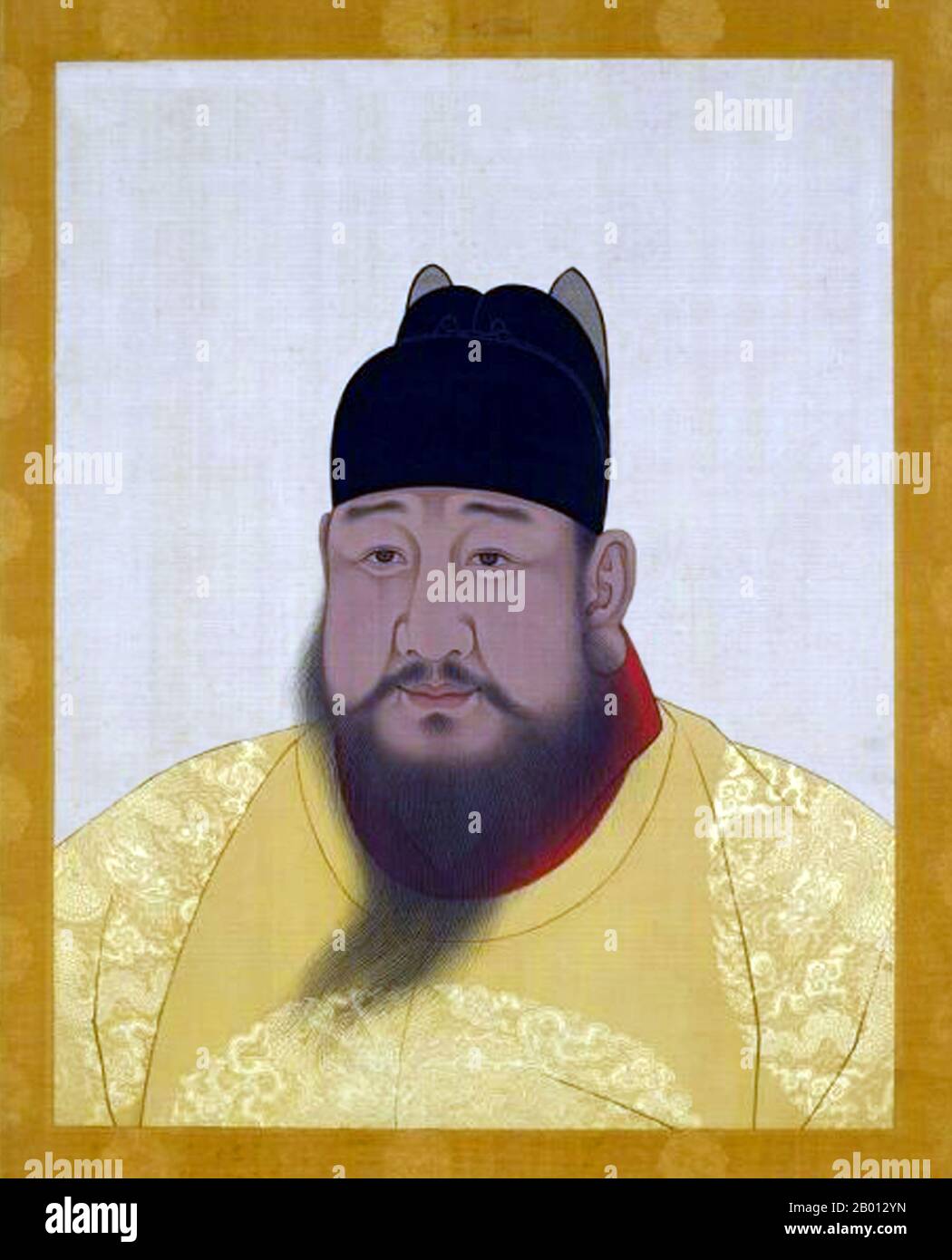 China: Kaiser Xuande, 5. Herrscher der Ming-Dynastie (r. 1425-1435). Hängende Schriftrolle, 15.-17. Jahrhundert. Der Kaiser Xuande (1399-1435), persönlicher Name Zhu Zhani und Tempelname Xuanzong, war der 5. Kaiser von Ming China. Sein Zeitname bedeutet "Verkündigung der Tugend". Der Kaiser von Xuande regierte über eine bemerkenswert friedliche Zeit ohne nennenswerte äußere oder innere Probleme. Spätere Historiker betrachten seine Herrschaft als das goldene Zeitalter der Ming-Dynastie. Stockfoto