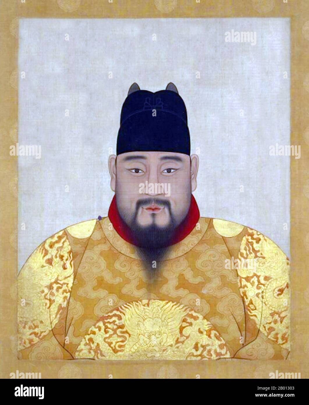 China: Kaiser Zhengtong/Tianshun (29. November 1427 - 23. Februar 1464), 6. Und 8. Herrscher der Ming-Dynastie (r. 1435-1449; 1457-1464). Hängende Schriftrolle, 15.-17. Jahrhundert. Zhu Qizhen (1427-1464), Tempelname Yingzong, war ein Kaiser der Ming-Dynastie, der als Zhengtong-Kaiser (r. 1435-1449) und als der Tianshun Kaiser (r. 1457-1464). Sein Name in der ersten Ära bedeutet „richtige Regierungsführung“ und der zweite bedeutet „dem Himmel gehorsam“. Er führte 1449 einen katastrophalen Feldzug durch, bei dem eine halbe Million Ming-Soldaten getötet und von den Mongolen gefangen genommen wurden, wobei sein Bruder die Führung übernahm. Stockfoto