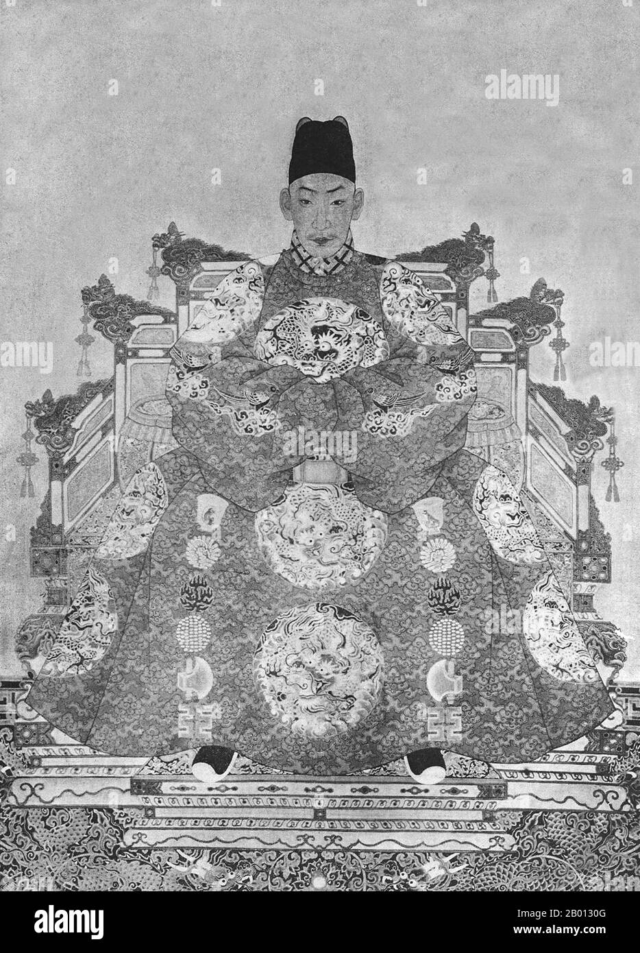 China: Kaiser Zhengde (27. Oktober 1491 - 20. April 1521), 11. Herrscher der Ming-Dynastie (r. 1505-1521). Hängende Schriftrolle, 16.-17. Jahrhundert. Der Kaiser Zhengde (1491-1521), der persönliche Name Zhu Houzhao und der Tempelname Wuzong, war der 11. Kaiser der Ming-Dynastie. Sein Zeitname bedeutet „Berichtigung der Tugend“. Zhengde vernachlässigte seine kaiserlichen Pflichten gründlich und begann einen gefährlichen Trend, der zukünftige Ming-Kaiser plagen würde. Das Aufgeben der offiziellen Pflichten für persönliche Freuden würde langsam zum Aufstieg mächtiger Eunuchen führen, die zum Fall der Ming-Dynastie führten. Stockfoto