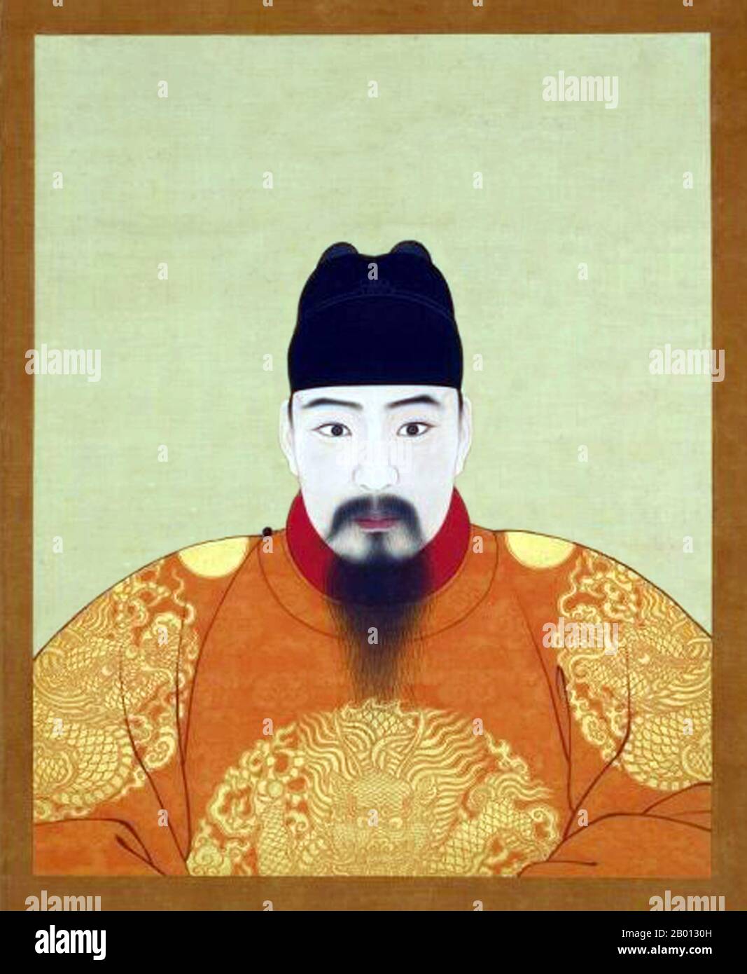 China: Kaiser Hongzhi (30. Juli 1470 - 9. Juni 1505), 10. Herrscher der Ming-Dynastie (r. 1487-1505). Hängende Schriftrolle, 15.-17. Jahrhundert. Der Hongzhi-Kaiser (1470-1505), der persönliche Name Zhu Youcheng und der Tempelname Xiaozong, war der 10. Kaiser der Ming-Dynastie. Als Sohn des Chenghua-Imperators wird seine Herrschaft als Kaiser von China das Hongzhi-Silberzeitalter genannt. Sein Zeitname bedeutet „große Regierung“. Er war ein weiser und friedliebender Herrscher. Hongzhi nahm nur eine Kaiserin und hatte keine Konkubine. Er bleibt der einzige monogame Kaiser in der chinesischen Geschichte. Stockfoto