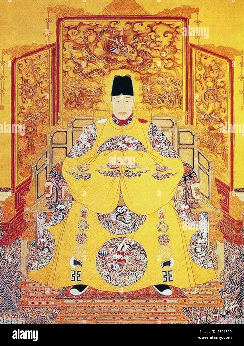 China: Kaiser Jiajing (16. September 1507 - 23. Januar 1567), 12. Herrscher der Ming-Dynastie (r. 1521-1567). Hängende Schriftrolle, 16.-17. Jahrhundert. Der Jiajing-Kaiser (1507-1567), der persönliche Name Zhu Houcong und der Tempelname Shizong, war der 12. Kaiser der Ming-Dynastie. Sein Zeitname bedeutet „bewunderungswürdige Ruhe“. Nach 45 Jahren auf dem Thron (der zweitlängsten Herrschaft in der Ming-Dynastie) starb Kaiser Jiajing 1567 – möglicherweise aufgrund einer Quecksilberüberdosis – und wurde von seinem Sohn, dem Kaiser Longqing, abgelöst. Stockfoto