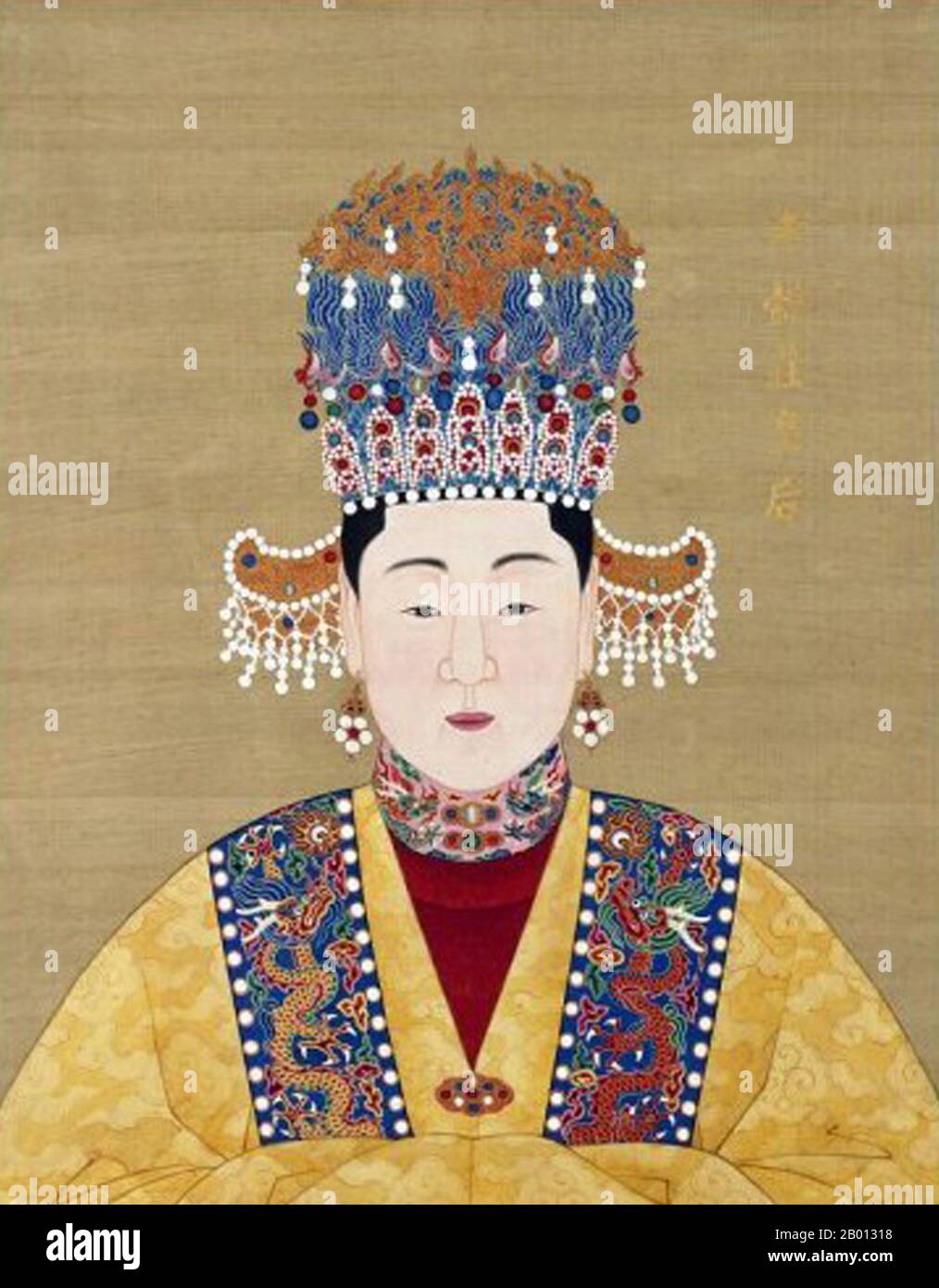 China: Kaiserin Xiao Yi Zhuang (-1558), Gemahlin des 13. Ming-Imperators Longqing (r. 1567-1572). Hängende Schriftrolle, 16.-17. Jahrhundert. Kaiserin Xiaoyizhuang war die erste Gemahlin des Longqing-Imperators der Ming-Dynastie. Sie heiratete den Kaiser im Jahr 1553 und gebar ihm drei Kinder, starb aber im Jahr 1558. Stockfoto