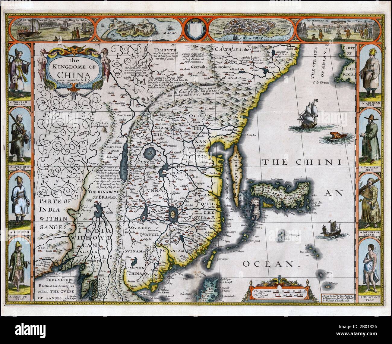 China: Eine englische Karte des Ming-Reiches von John Speed (1552. - 28. Juli 1629), 1626. John Speed (1552-1629) war ein berühmter elisabethischer Kartograph und Historiker. Er galt als einer der bekanntesten englischen Kartenmacher der frühen Neuzeit. Diese Karte entstand gegen Ende der Ming-Dynastie (1368-1644). Stockfoto