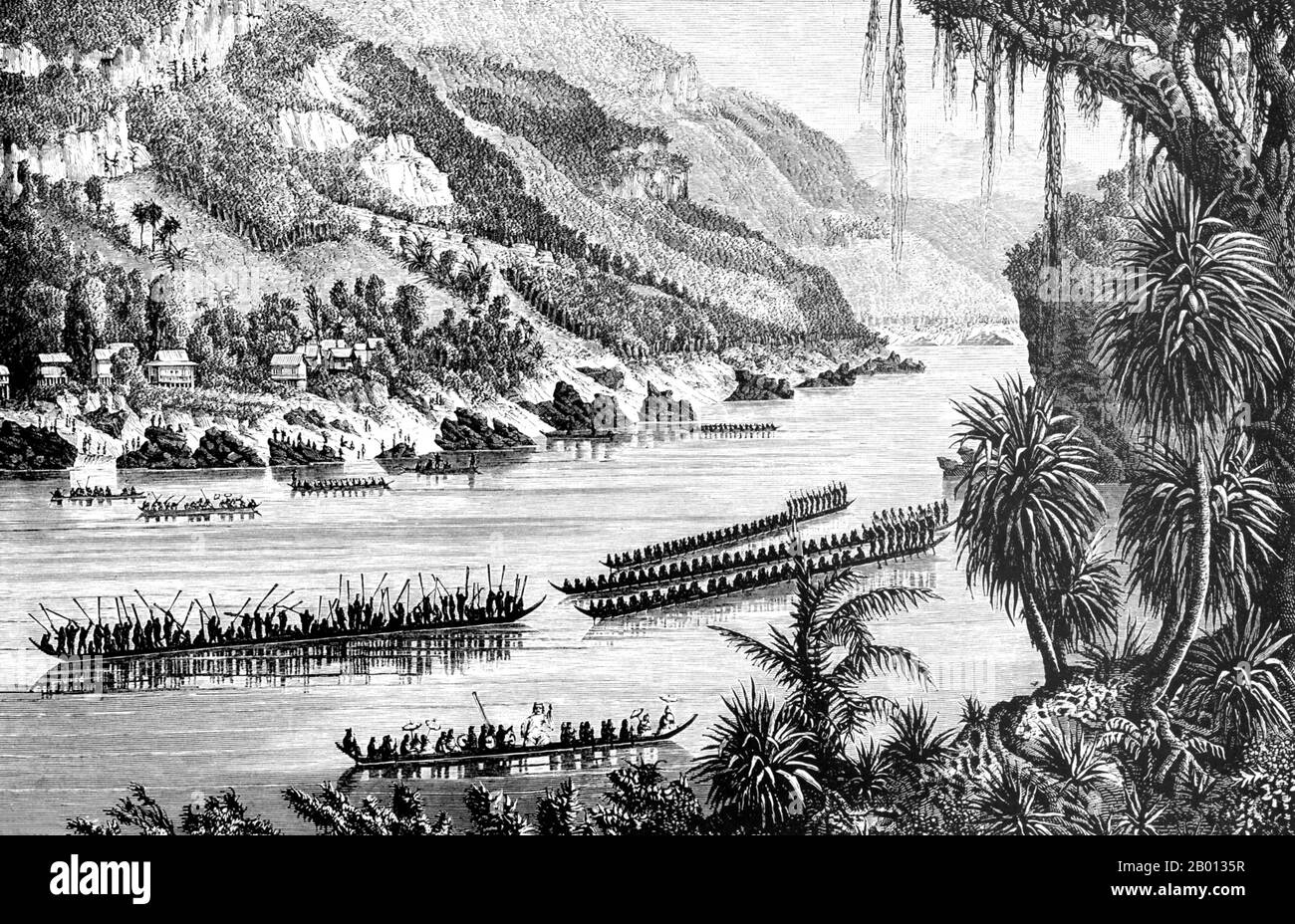 Kambodscha: Pirogue-Boot-Rennen auf dem Mekong-Fluss. Stich von Louis Delaporte (1842-1925), 1866-1868. Die Berichte über pigrogue-Rennen in Indochina gehen auf die angkorianische Zeit zurück, als die Khmers unter König Jayavarman VII. Nach einem langen Seekrieg (1177-81) über die Chams von Champa triumphierten. Jahre später sahen französische Kolonisten Bootsrennen, die vermutlich die Vorläufer der heutigen Drachenboot- und Naga-Schlangenbootrennen sind. Heute kommen jeden November Millionen Kambodschaner auf Phnom Penh zum dreitägigen Bon Om Tuk Water Festival, wo das Highlight die dramatischen Bootsrennen sind. Stockfoto