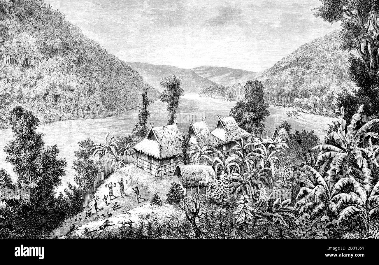 Burma/Myanmar: Der Weiler Yong liegt an einem malerischen Zusammenfluss des Mekong-Flusses. Stich von Louis Delaporte (1842-1925), Juli 1867. Der Mekong ist der zwölftlängste Fluss der Welt. Von seiner Himalaya-Quelle auf dem tibetischen Hochplateau fließt er etwa 4,350 km (2,703 Meilen) durch die chinesische Provinz Yunnan, Burma, Laos, Thailand, Kambodscha und Vietnam, Schließlich Entwässerung im Südchinesischen Meer. Diese Illustration war eine von Dutzenden, die Louis Delaporte während eines zweijährigen Projekts (1866-68) mit der Mekong Exploration Commission produziert hat. Stockfoto