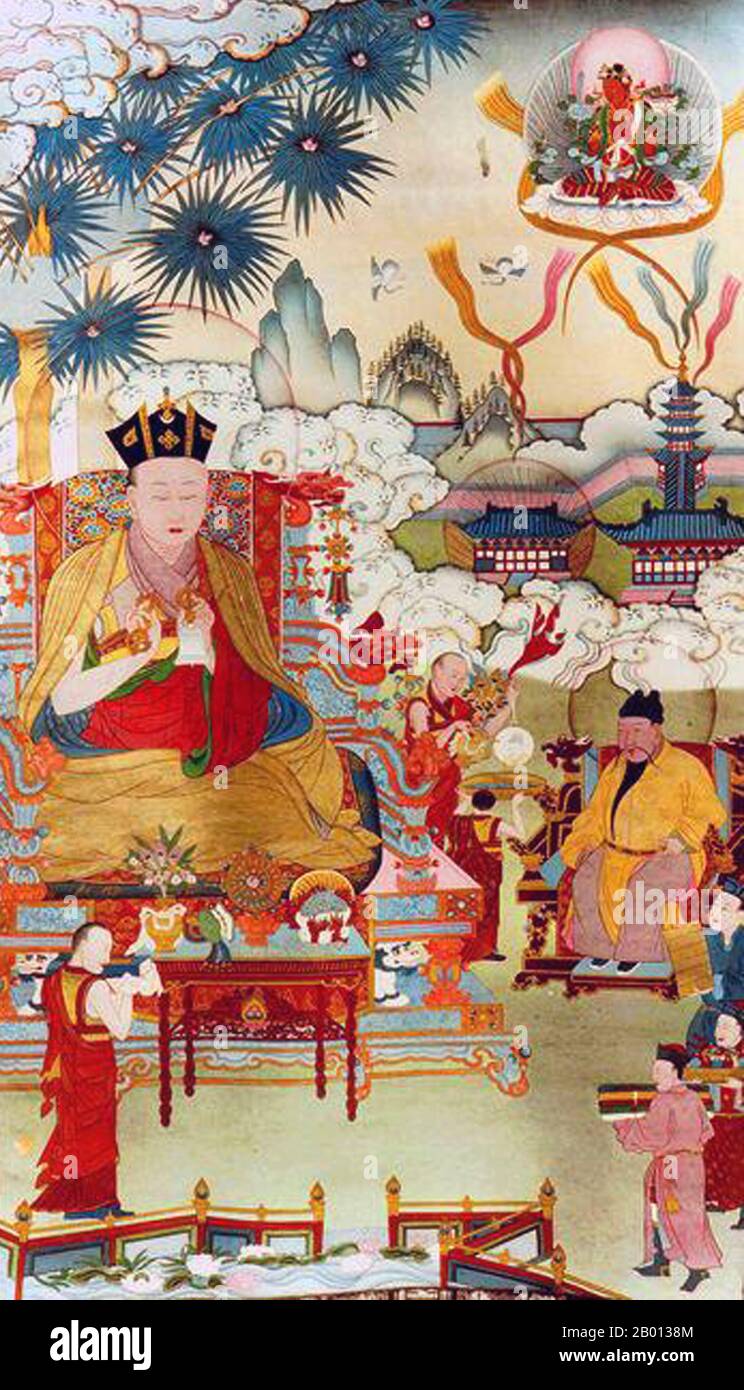 China/Tibet: Deshin Shekpa, der 5. Karmapa Lama, Leiter der Kagupa-Schule für tibetischen Buddhismus, wird in Nanjing vom Ming-Kaiser Zhu Di (Yongle) empfangen und erhält den Titel „großer Schatzprinz des Dharma“, 10. April 1407. Deshin Shekpa (1384–1415), ebenfalls Deshin Shegpa, war der fünfte Gyalwa Karmapa, Leiter der Kagyu-Schule für tibetischen Buddhismus. Deshin Shekpa wurde im Nyang-Staudamm im Süden Tibets geboren. Nach der Legende sagte er nach seiner Geburt: 'Ich bin der Karmapa. OM mani padme hum shri.“ Deshin Shekpa wurde zu Tsawa Phu gebracht, der ihn als die Reinkarnation des Karmapa erkannte. Stockfoto