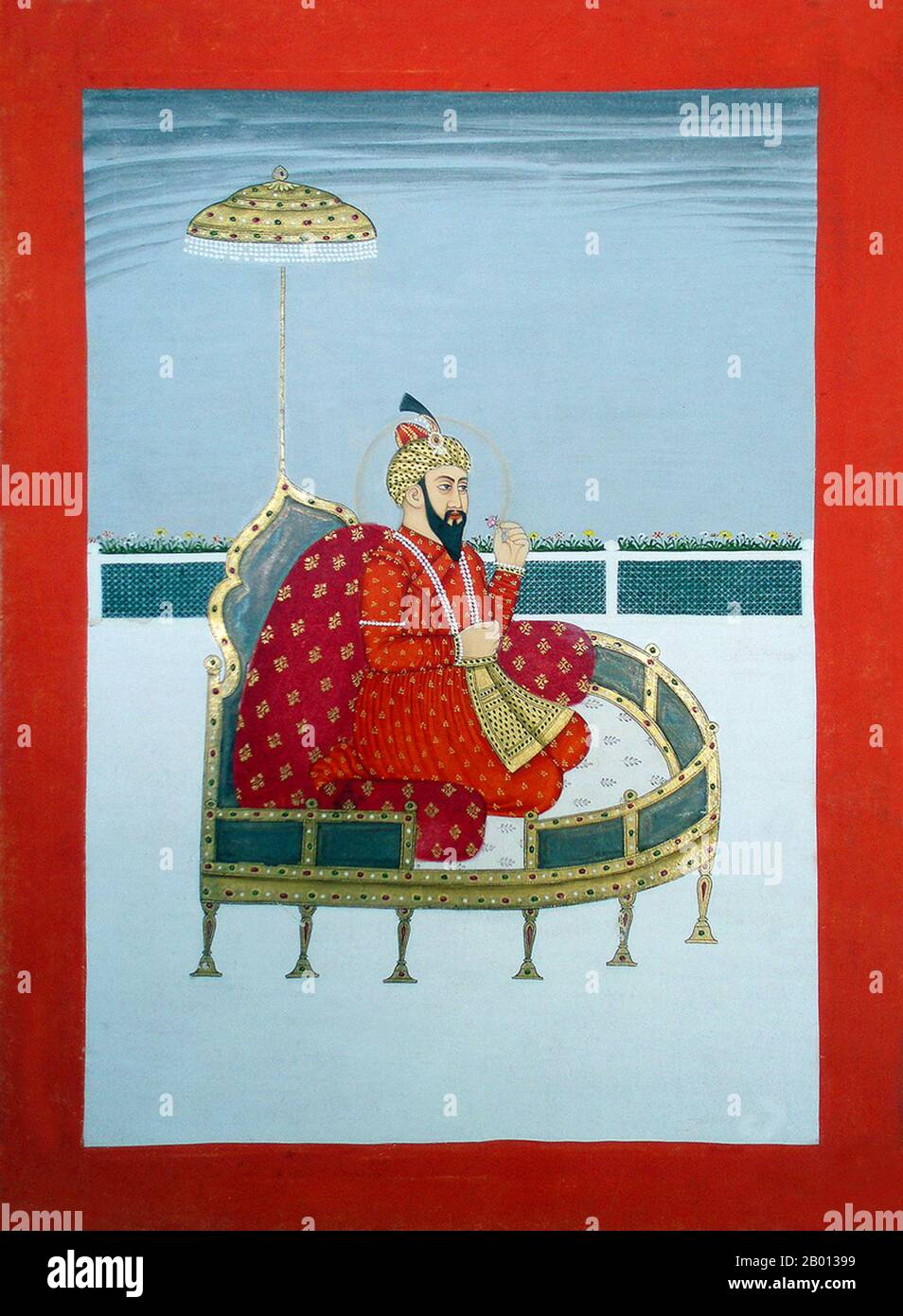 Indien: Zahir ud-din Muhammad Babur (1483-1531) der erste Mogul-Kaiser. Malerei, c. 19. Jahrhundert. Zahir ud-din Muhammad Babur war ein muslimischer Eroberer aus Zentralasien, der nach einer Reihe von Rückschlägen schließlich die Grundlage für die Moguldynastie Südasiens legte. Er war durch seinen Vater ein direkter Nachkomme von Timur und durch seine Mutter auch ein Nachkomme von Dschingis Khan. Babur identifizierte seine Abstammung als Timurid und Chaghatay-Turkisch, während seine Herkunft, sein Milieu, seine Ausbildung und seine Kultur in der persischen Kultur verwurzelt waren. Stockfoto