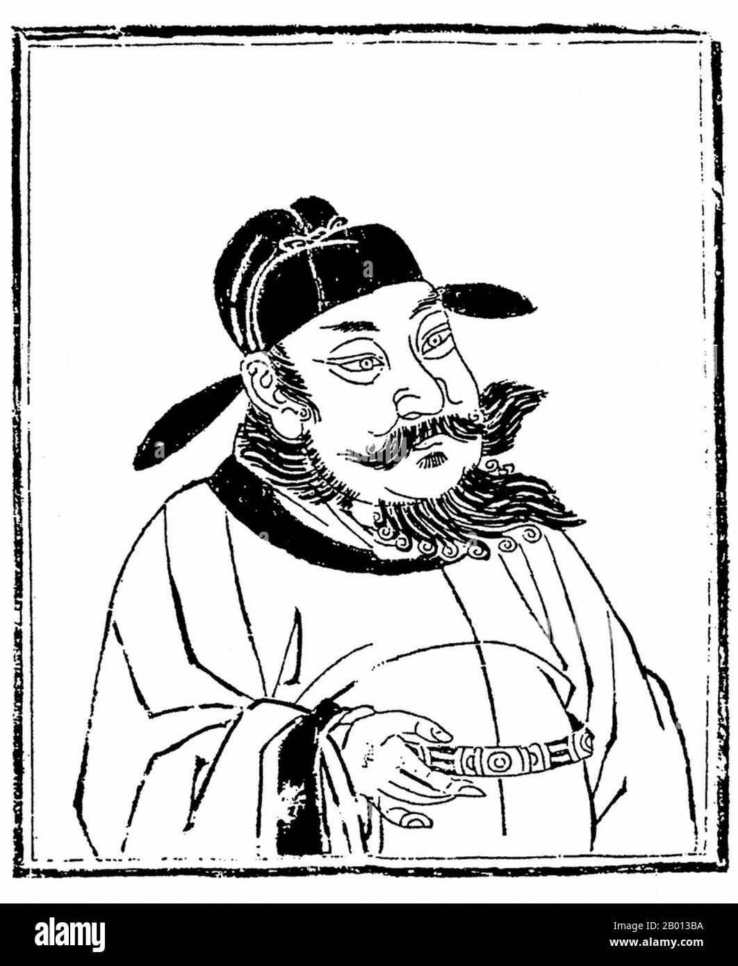 China: Kaiser Taizong (Tang Lishimin, 23. Januar 599 – 10. Juli 649), 2. Herrscher der Tang-Dynastie (r. 626-649). Abbildung, c. 19. Jahrhundert. Kaiser Taizong von Tang, persönlicher Name Li Shimin, war der zweite Kaiser der Tang Dynastie in China und regierte von 626 bis 649. Er wird gemeinsam mit Kaiser Gaozu feierlich als Mitbegründer der Dynastie angesehen. Er gilt in der Regel als einer der größten, wenn nicht sogar der größten Kaiser in der chinesischen Geschichte. Während des gesamten Rests der chinesischen Geschichte wurde seine Herrschaft als das vorbildliche Modell angesehen, an dem alle anderen Kaiser gemessen wurden. Stockfoto