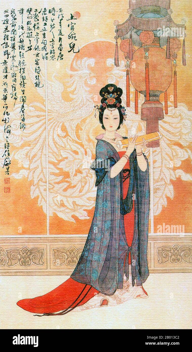 Shangguan Wan'er (664-21. Juli 710), imperialer Consort Rank Zhaorong, posthume Bezeichnung Wenhui, war die Enkelin von Shangguan Yi (formal Herzog von Chu) und war eine der Frauen, die in der chinesischen Geschichte für ihr Talent am berühmtesten war. Sie war Dichterin, Schriftstellerin und Politikerin der Tang-Dynastie sowie kaiserliche Konsort (Konkubine) von Kaiser Zhongzong. Stockfoto Shangguan Wan'er (664-21. Juli 710), imperialer Consort Rank Zhaorong, posthume Bezeichnung Wenhui, war die Enkelin von Shangguan Yi (formal Herzog von Chu) und war eine der Frauen, die in der chinesischen Geschichte für ihr Talent am berühmtesten war. Sie war Dichterin, Schriftstellerin und Politikerin der Tang-Dynastie sowie kaiserliche Konsort (Konkubine) von Kaiser Zhongzong. Stockfoto